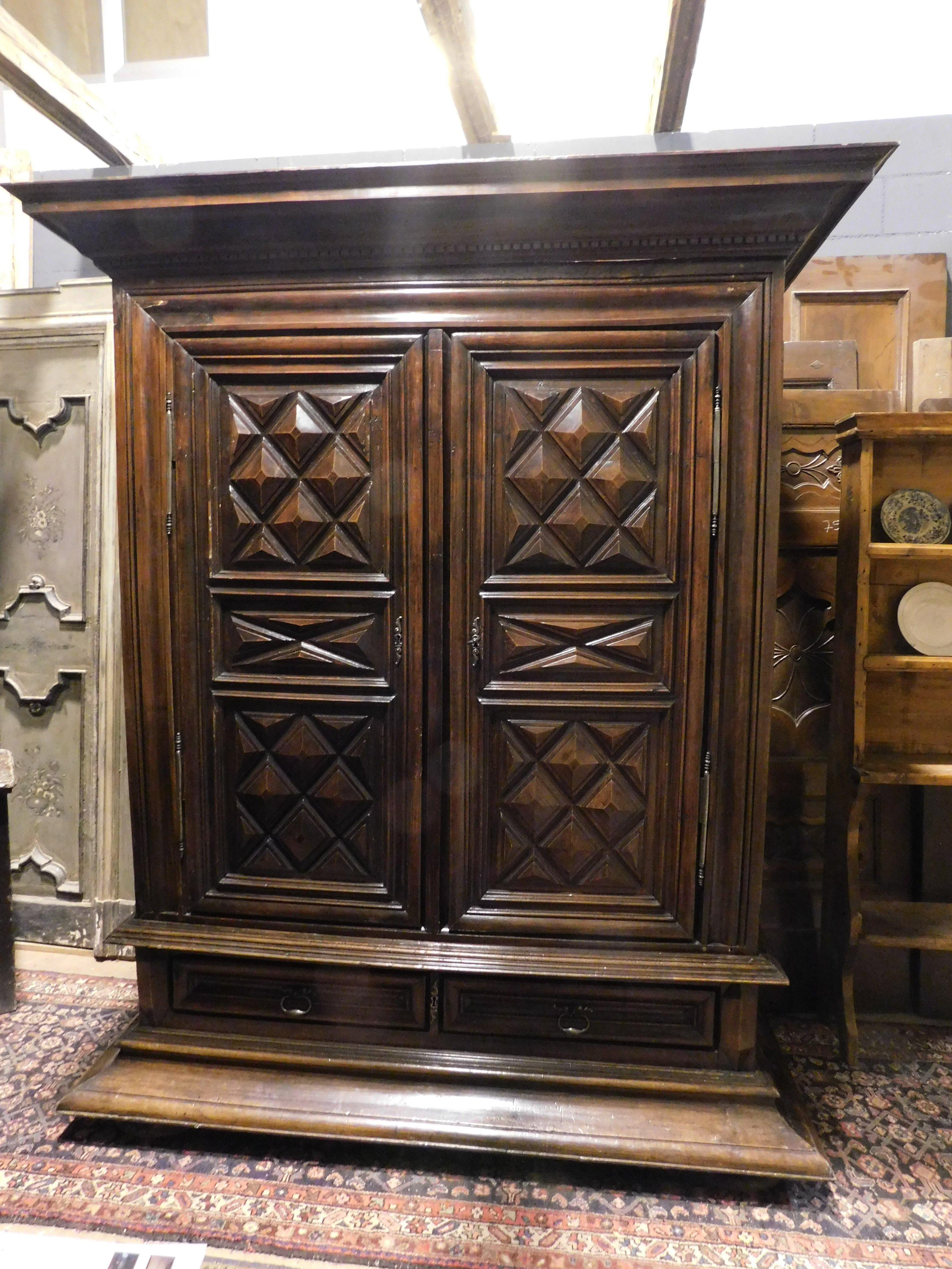 Italian Two-door sideboard wardrobe with drawer, carved in walnut wood, Italy