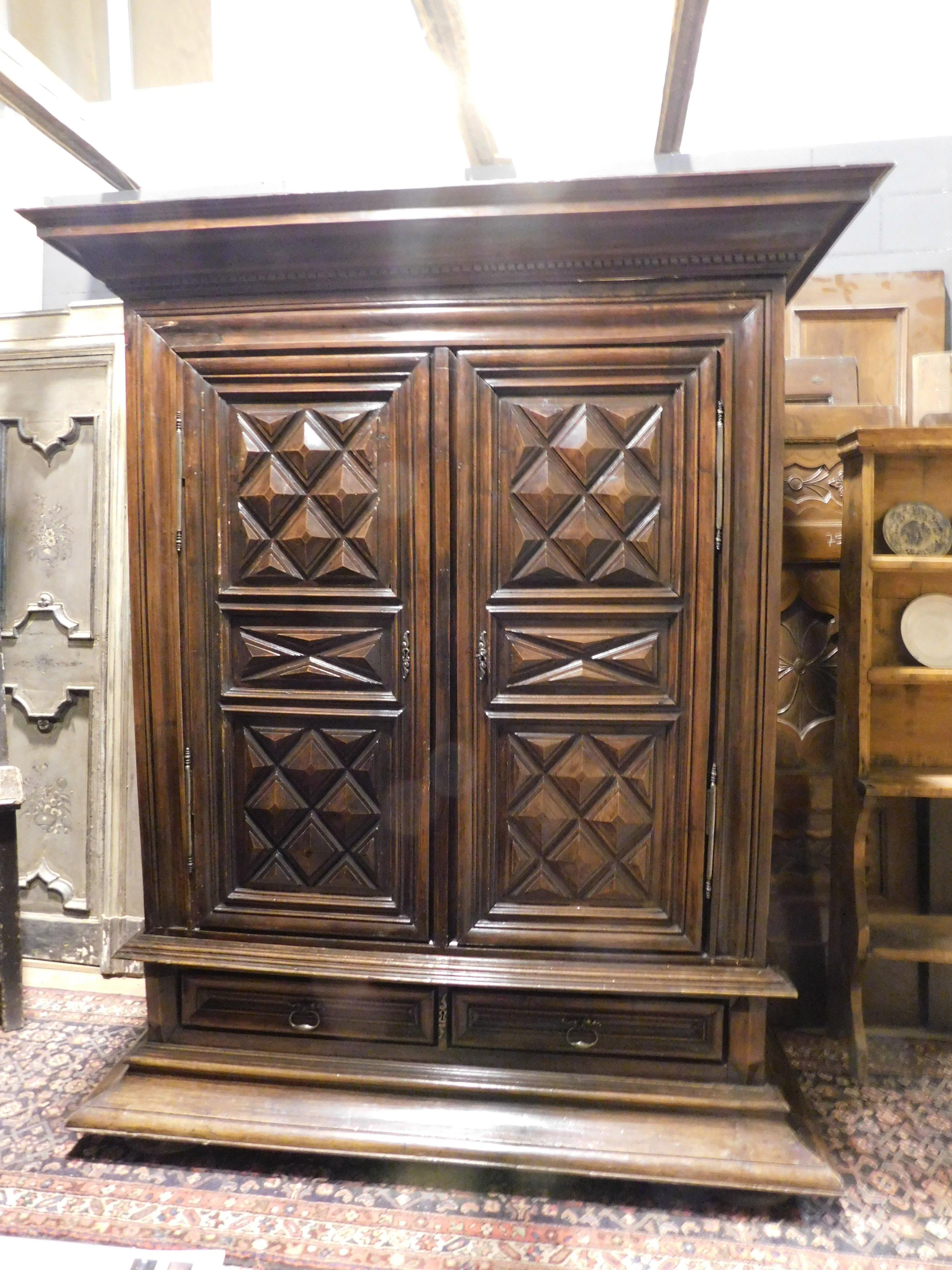 Hand-Carved Two-door sideboard wardrobe with drawer, carved in walnut wood, Italy