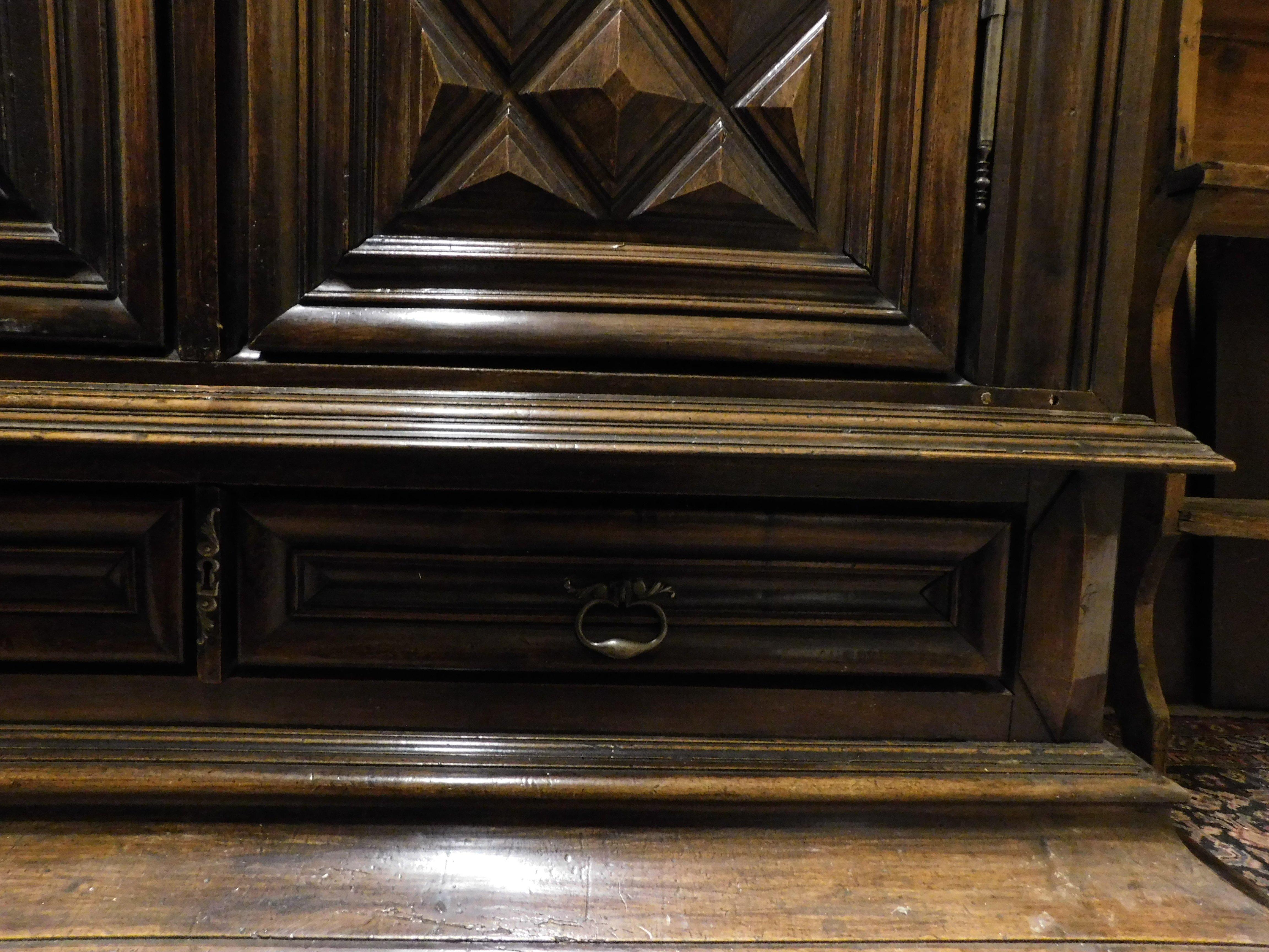 Two-door sideboard wardrobe with drawer, carved in walnut wood, Italy 1