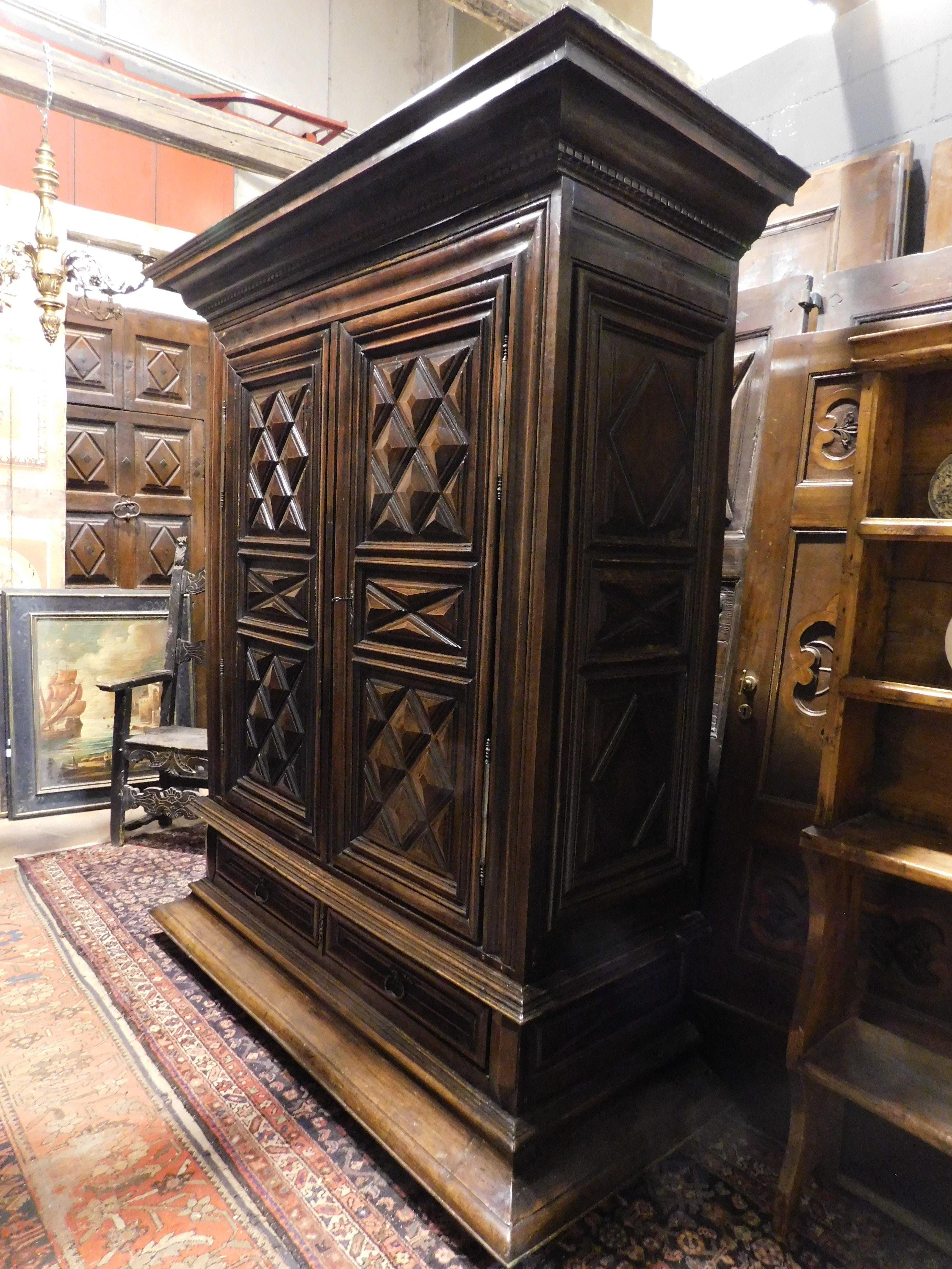 Two-door sideboard wardrobe with drawer, carved in walnut wood, Italy 2