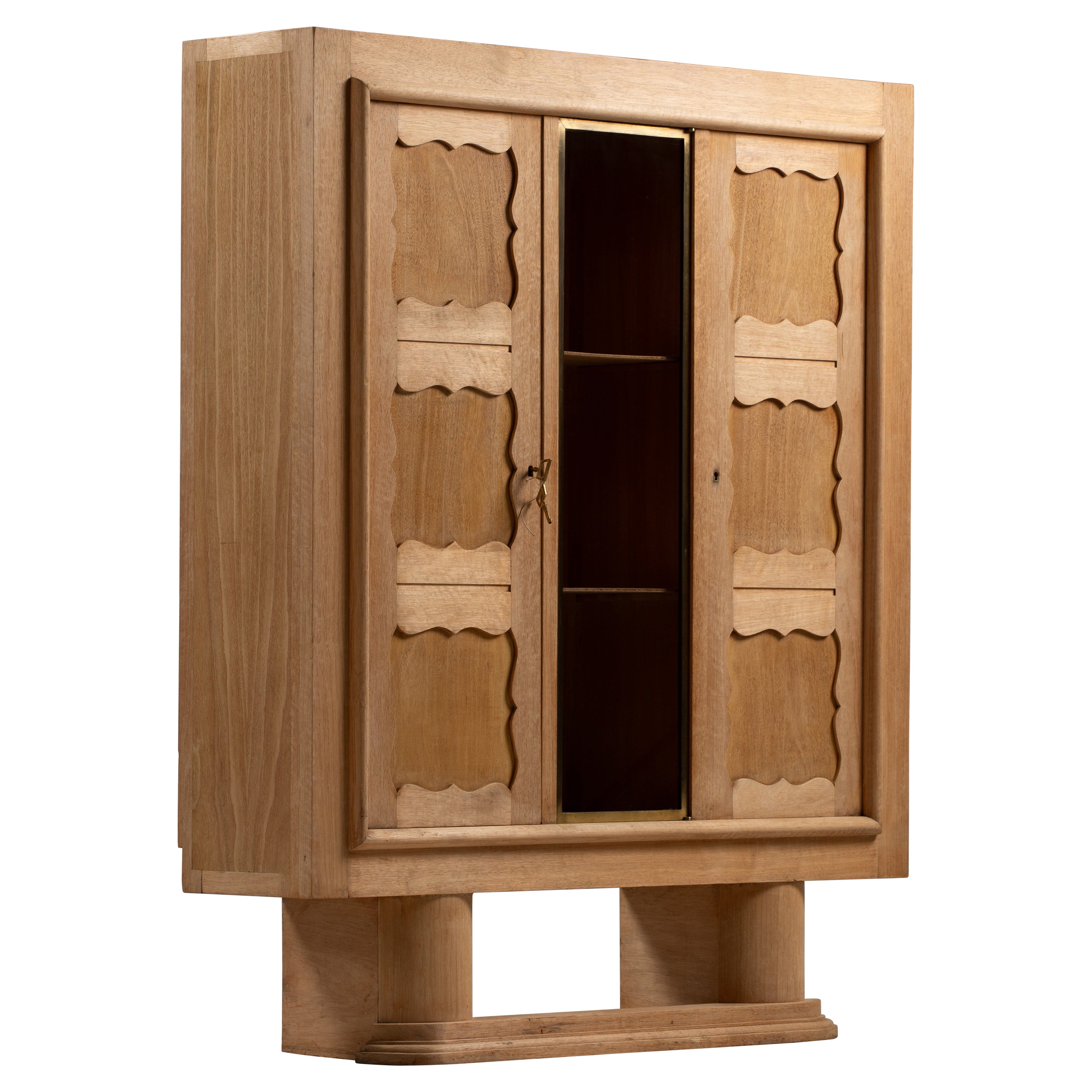 Two-Door Solid Oak Cabinet with Scalloped Panels, France, 1950s