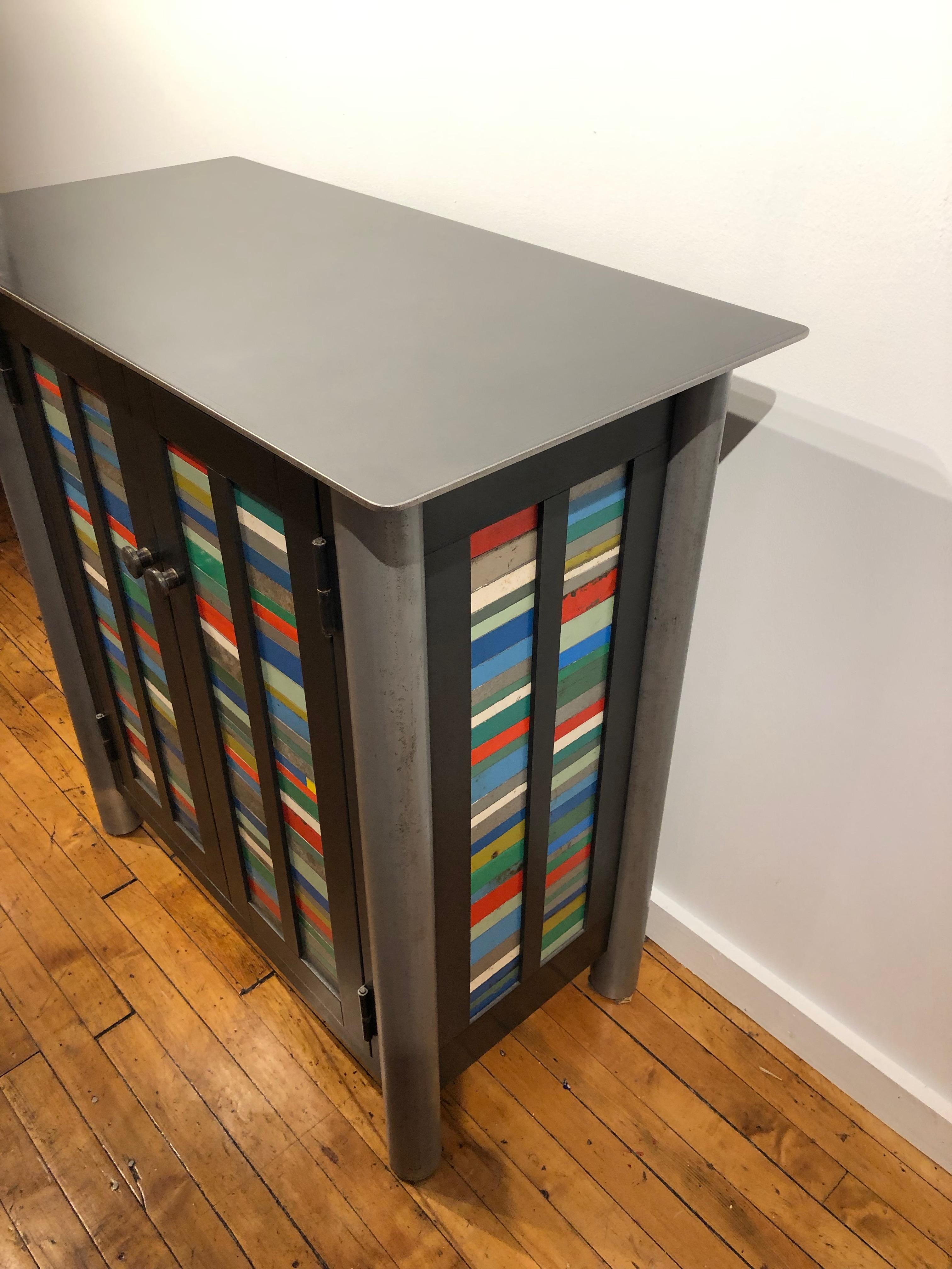 American Jim Rose Two-Door Strips Quilt Cupboard, Brightly Colored Steel Art Furniture