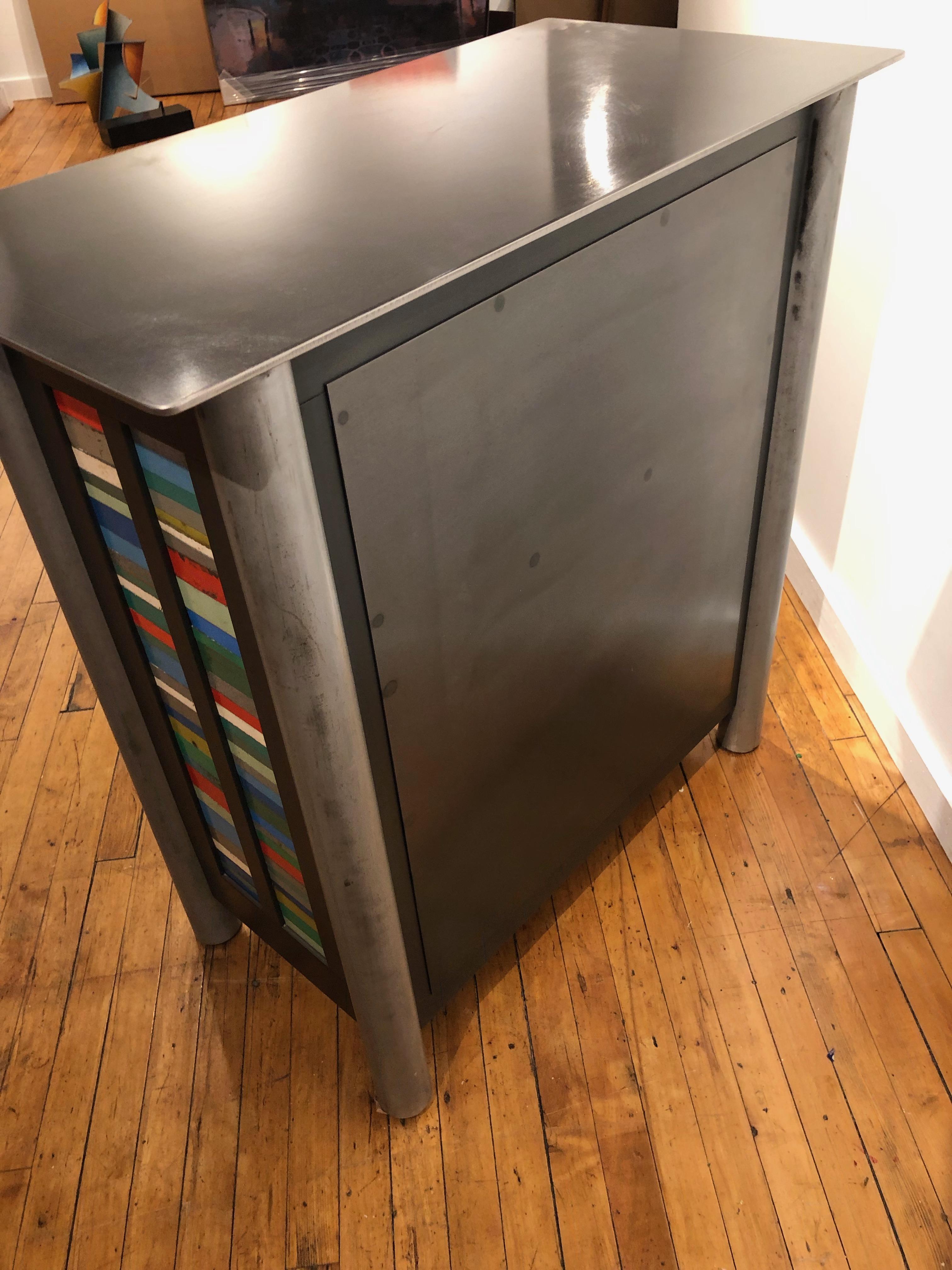 Welded Jim Rose Two-Door Strips Quilt Cupboard, Brightly Colored Steel Art Furniture