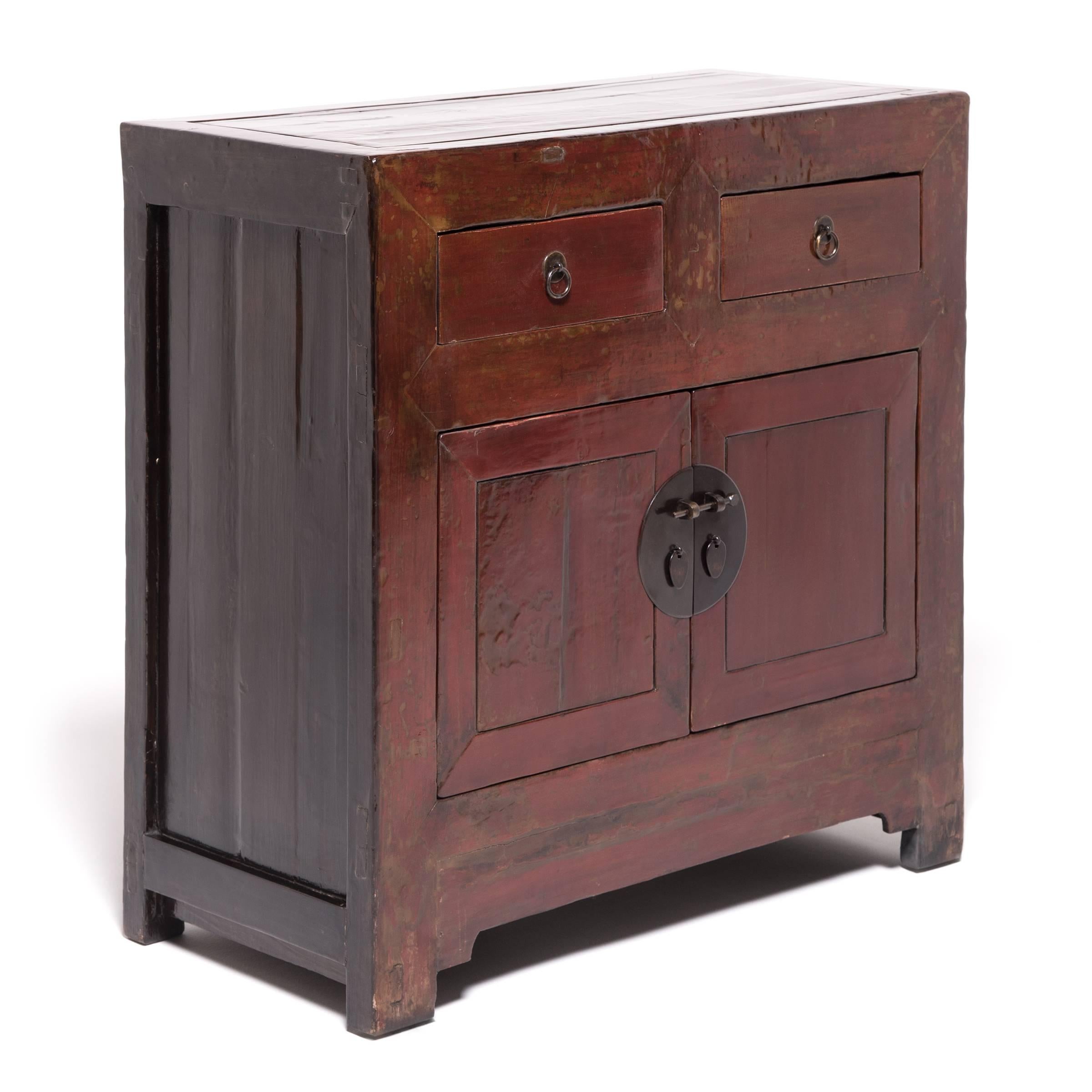 Elm 19th Century Chinese Two-Door Two-Drawer Red Lacquer Chest