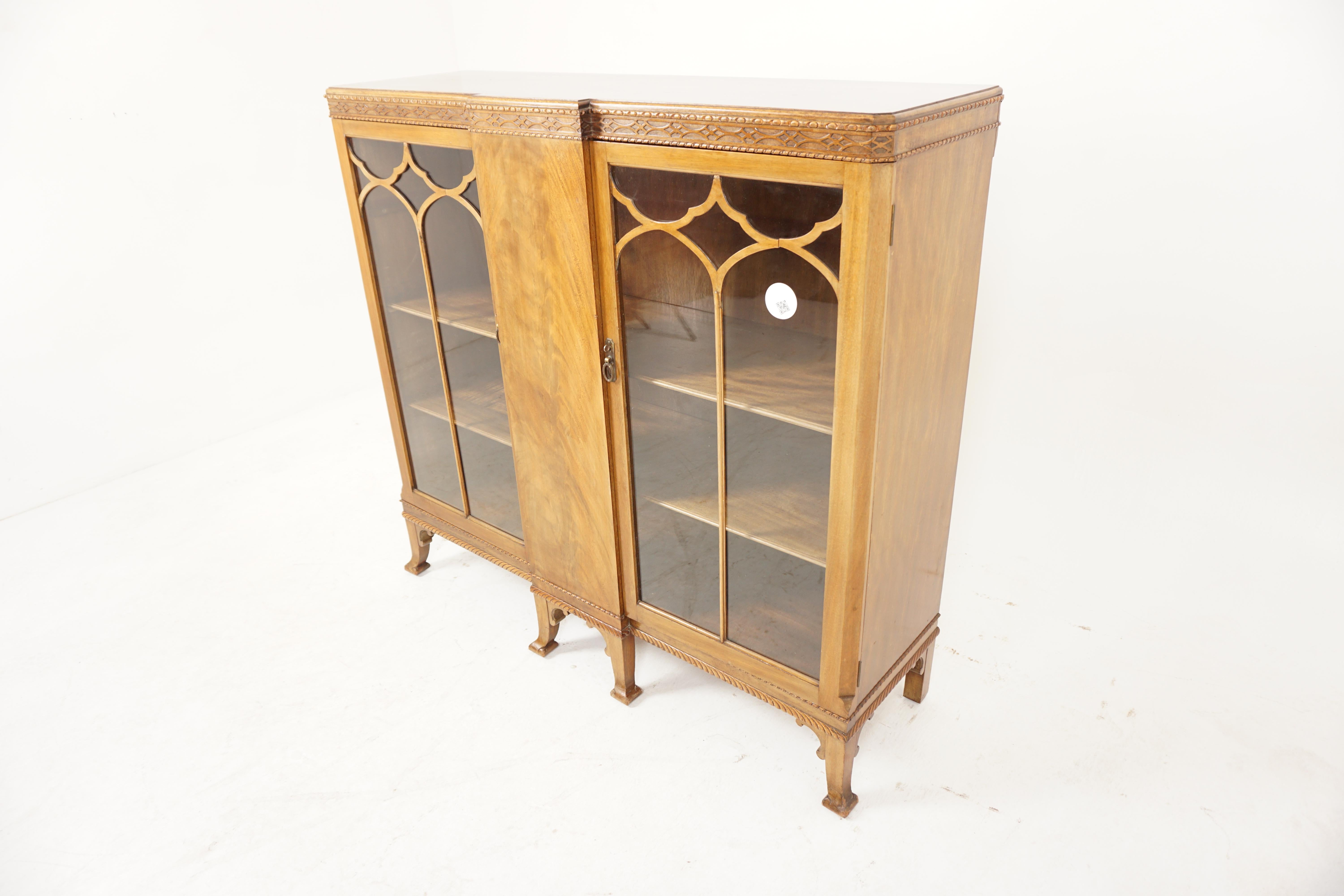 Vintage Two Door Walnut China Cabinet, Display Cabinet/Bookcase, Scotland 1930, H1004

Scotland 1930
Solid Walnut
Original Finish
Rectangular breakfront top
Carved frieze below
Central solid walnut door flanked by a pair of original glass