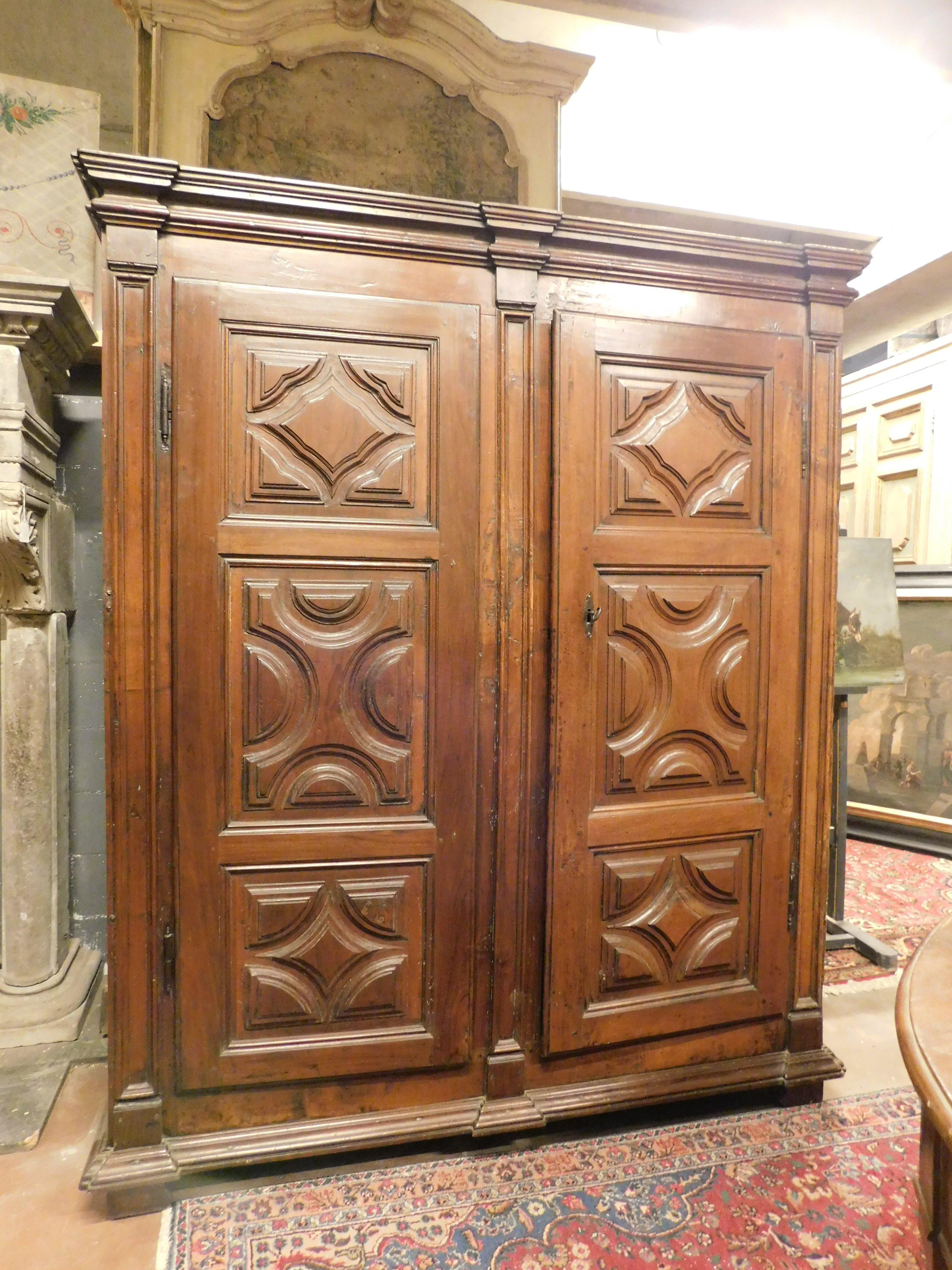 Italian Two-door wardrobe armoires in carved walnut wood, Italy For Sale