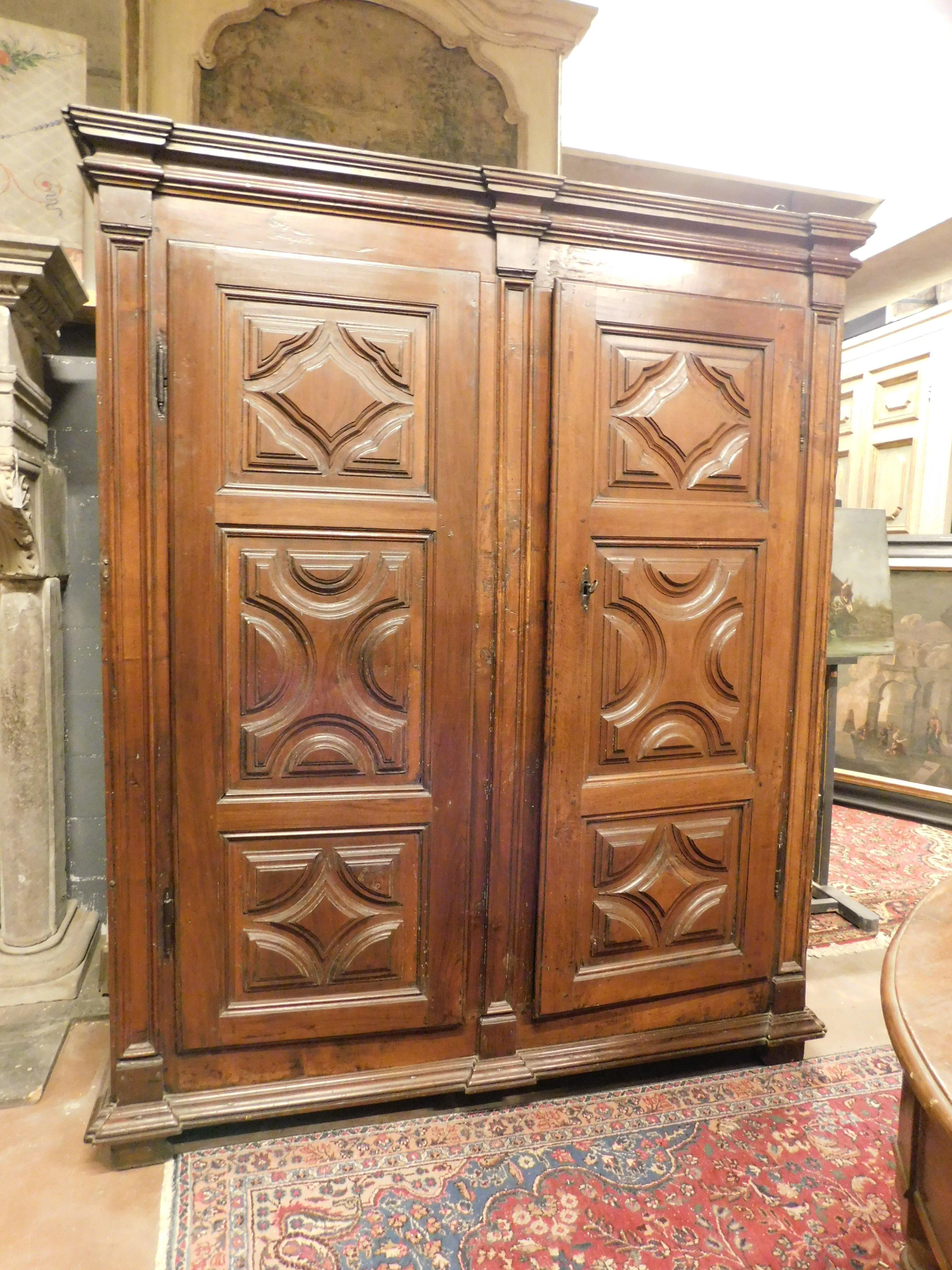 Hand-Carved Two-door wardrobe armoires in carved walnut wood, Italy For Sale