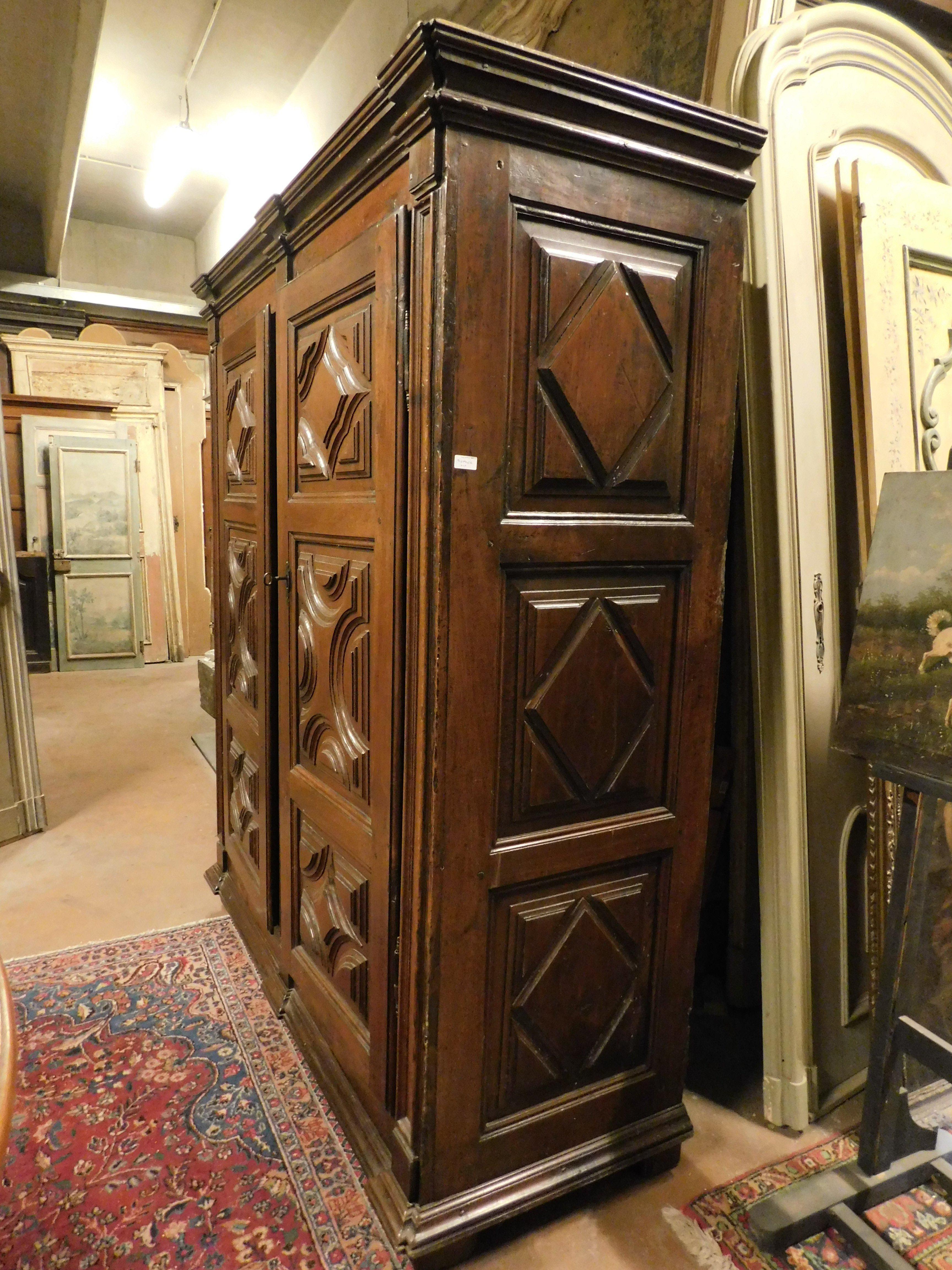 18th Century and Earlier Two-door wardrobe armoires in carved walnut wood, Italy For Sale