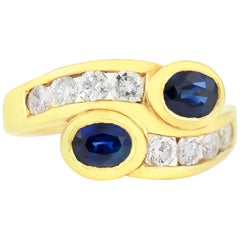 Retro Two Double Snack Style Ring with Sapphire and Diamonds