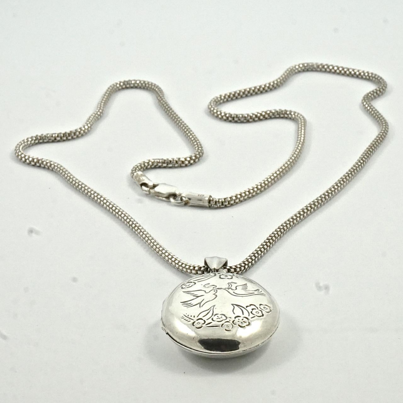 Two Doves and Flower Garland Sterling Silver Locket and Mesh Chain 6