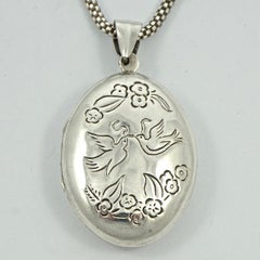 Two Doves and Flower Garland Sterling Silver Locket and Mesh Chain