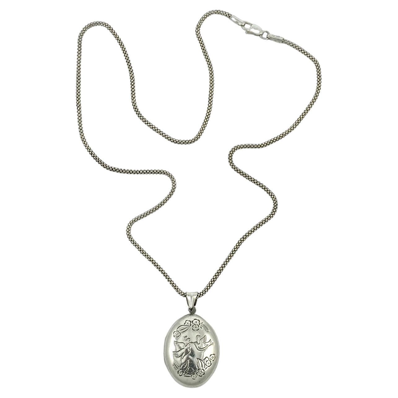 Two Doves and Flower Garland Sterling Silver Locket and Mesh Chain