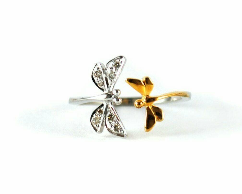 Art Deco Two Dragonfly Open Ring 14k Gold Natural Diamond Damselfly Remembrance Jewelry. For Sale