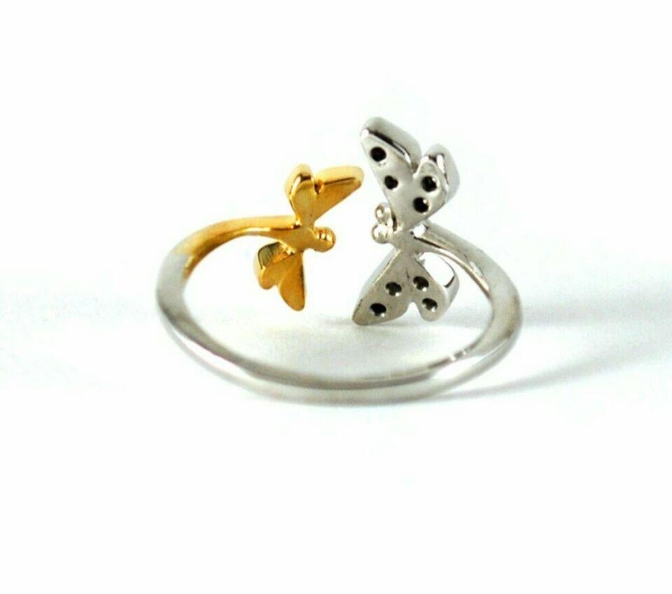 Uncut Two Dragonfly Open Ring 14k Gold Natural Diamond Damselfly Remembrance Jewelry. For Sale