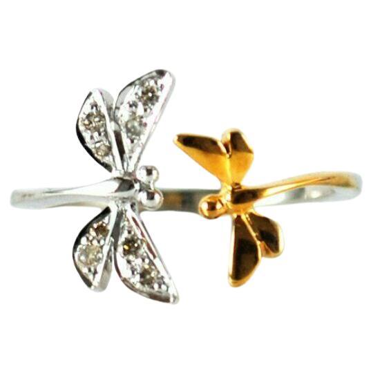 Two Dragonfly Open Ring 14k Gold Natural Diamond Damselfly Remembrance Jewelry. For Sale