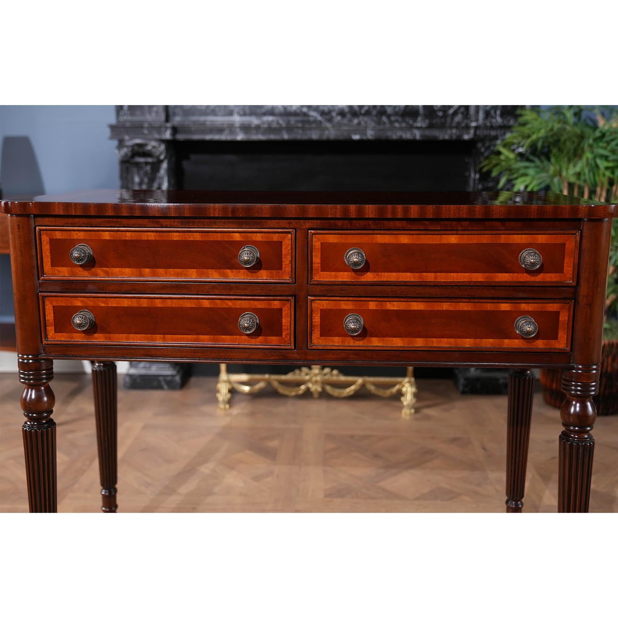 We designed and produced this Sheraton style Two Drawer Console Table as a matching item to sell along with our ever popular NSI087 Sheraton style stand and NSI118 Four Drawer Console Table. The two drawer hall table can be used throughout the home