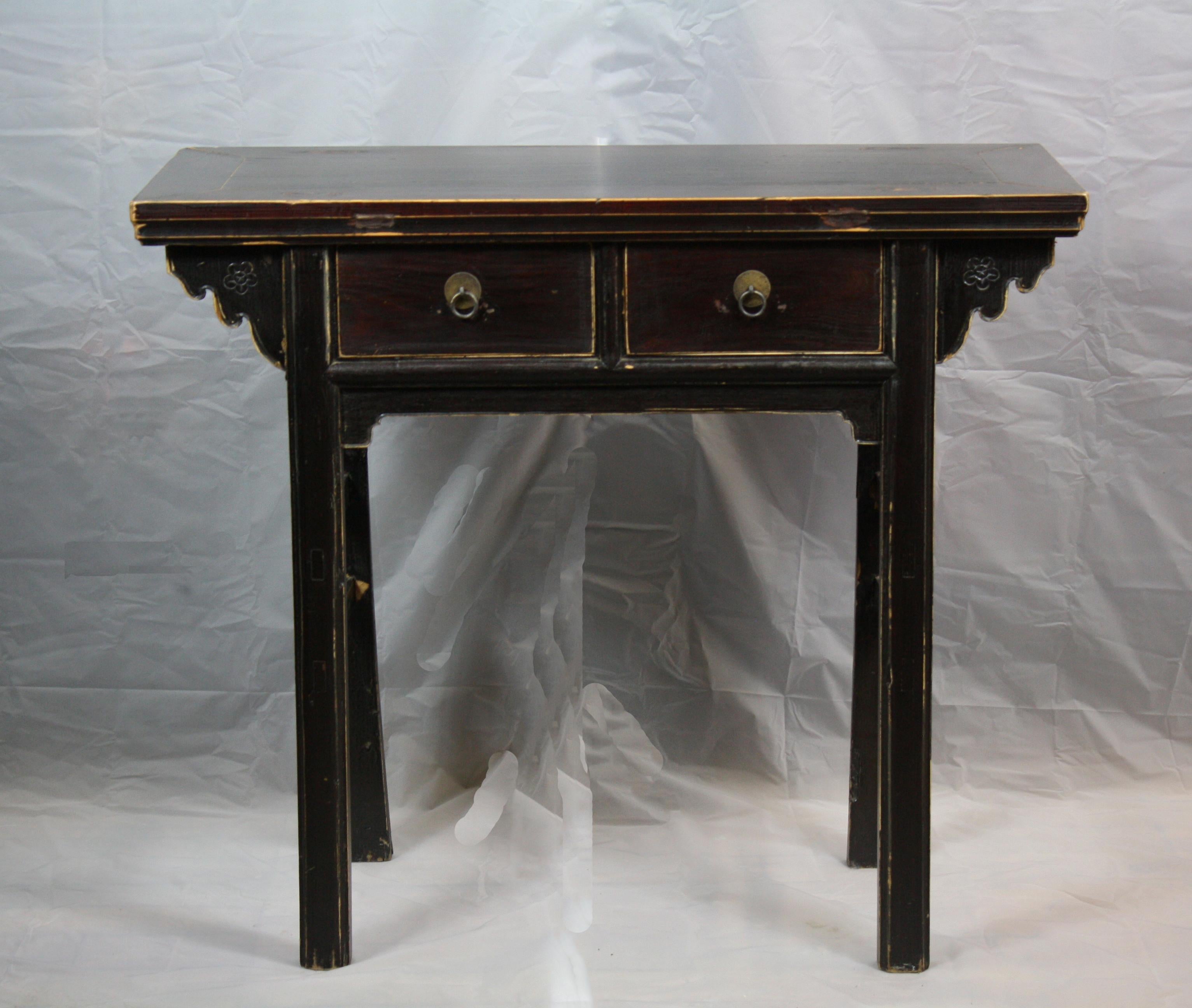 Chinese Export Two-Drawer Dark Reddish Black Accent Table For Sale