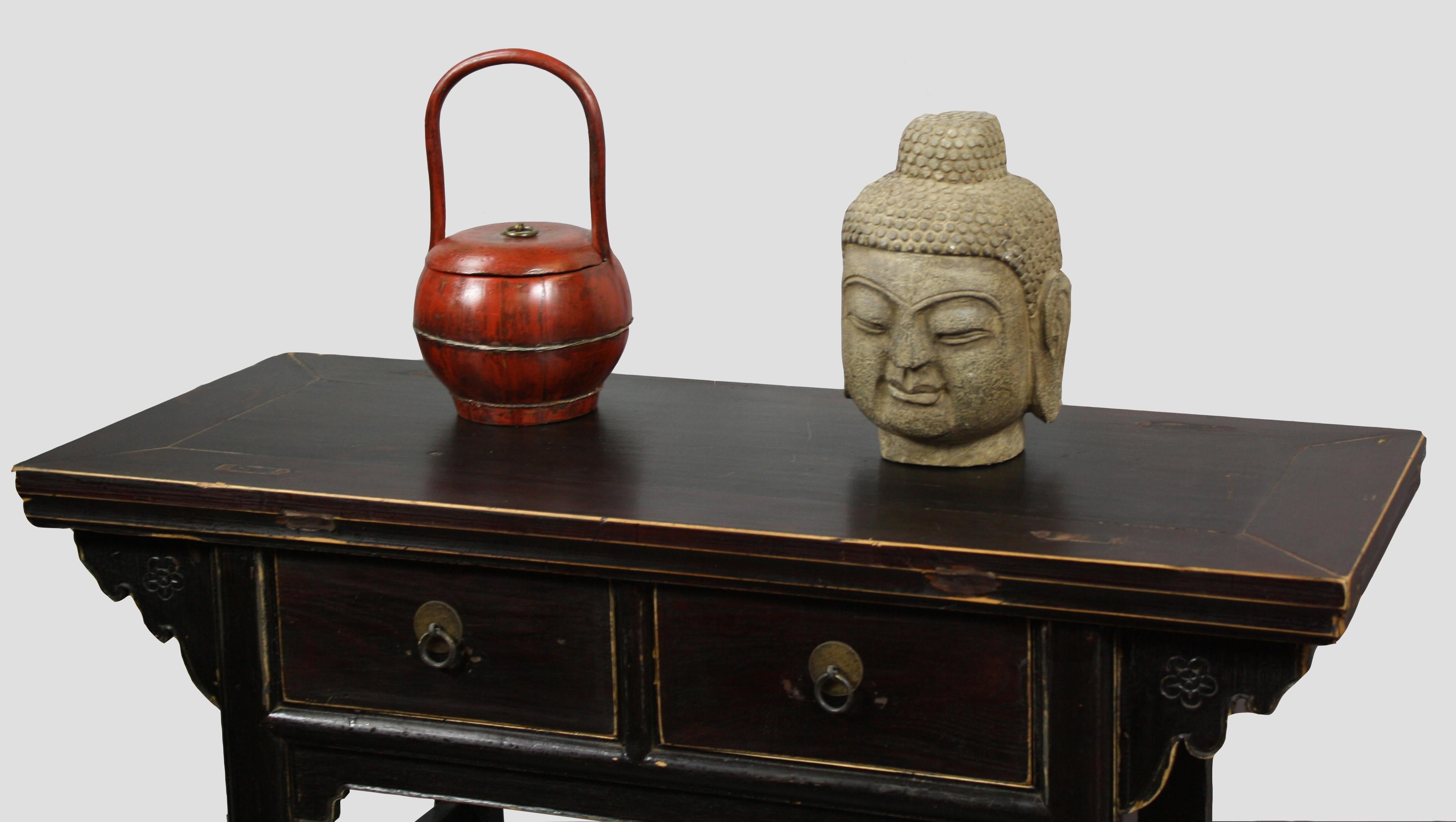 Chinese Two-Drawer Dark Reddish Black Accent Table For Sale