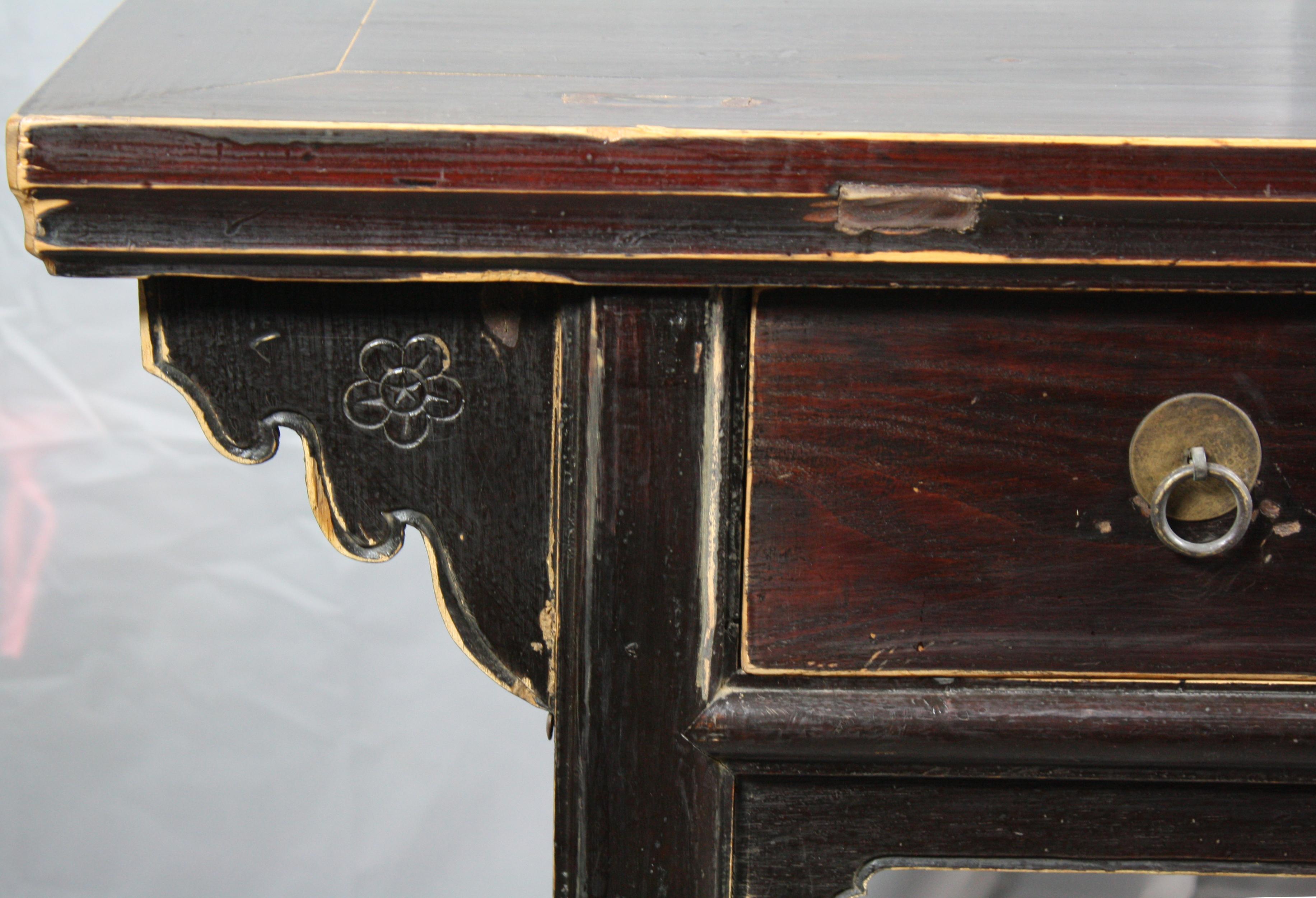 Hand-Painted Two-Drawer Dark Reddish Black Accent Table For Sale