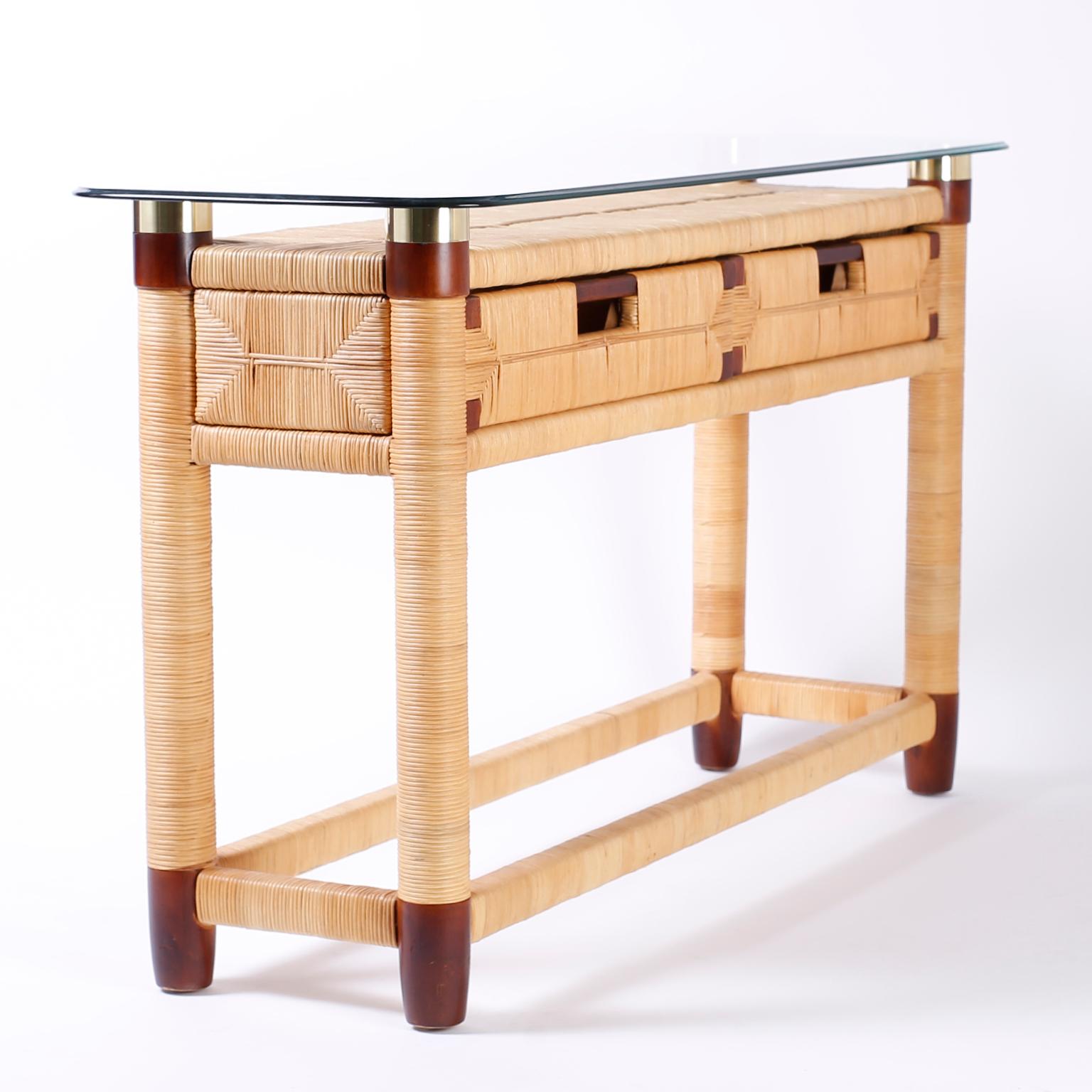 20th Century Two-Drawer Glass Top Donghia Console Table For Sale