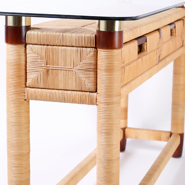 Two-Drawer Glass Top Donghia Console Table For Sale at 1stdibs Pair of pace solid brass and plate glass frosted edge top consoles or sofa tables very heavy solid construction , second bottom tier.