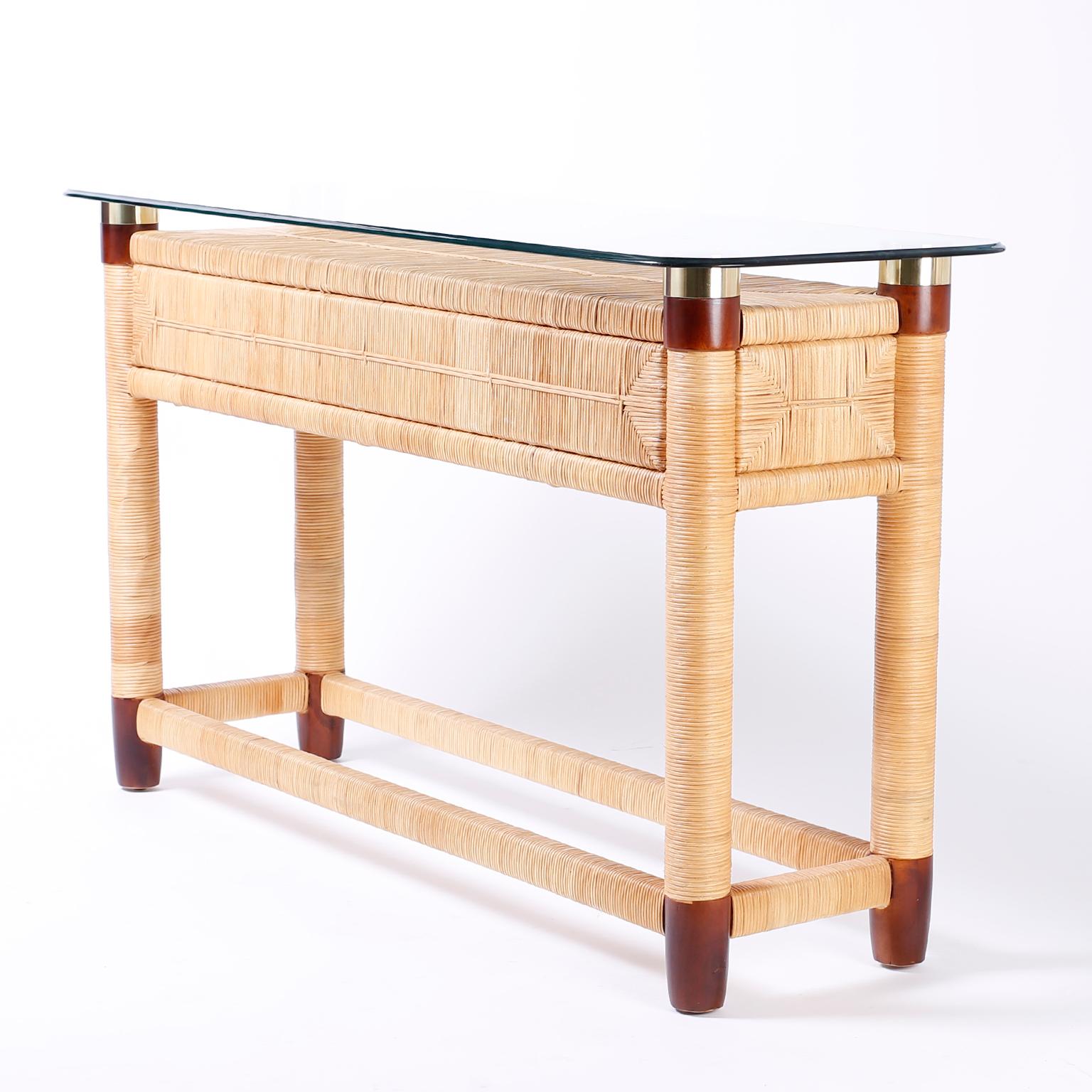 Two-Drawer Glass Top Donghia Console Table For Sale 1