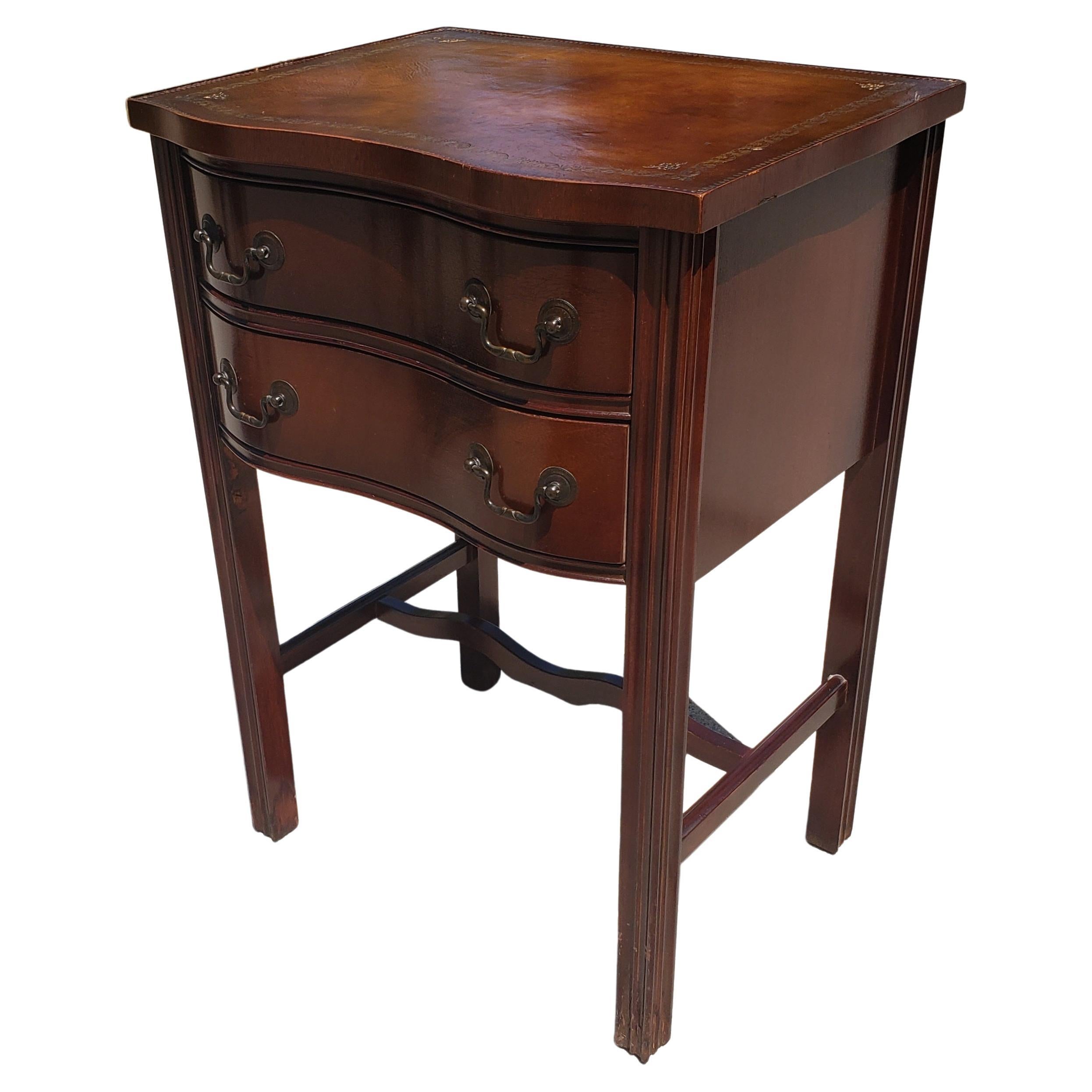 Two-Drawer Mahogany Chippendale  Side Table with Stenciled Leather Top For Sale 3