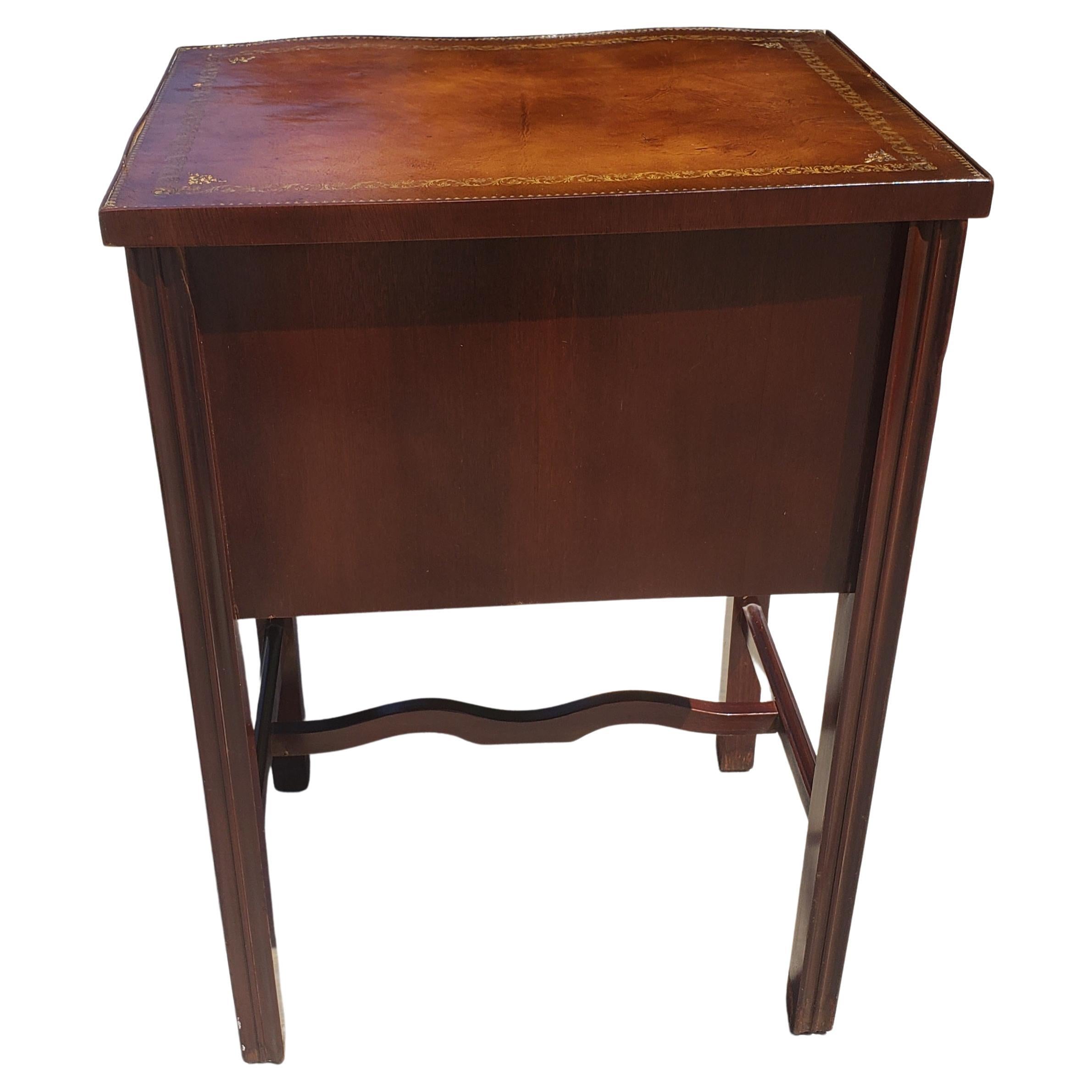 Two-Drawer Mahogany Chippendale  Side Table with Stenciled Leather Top For Sale 4