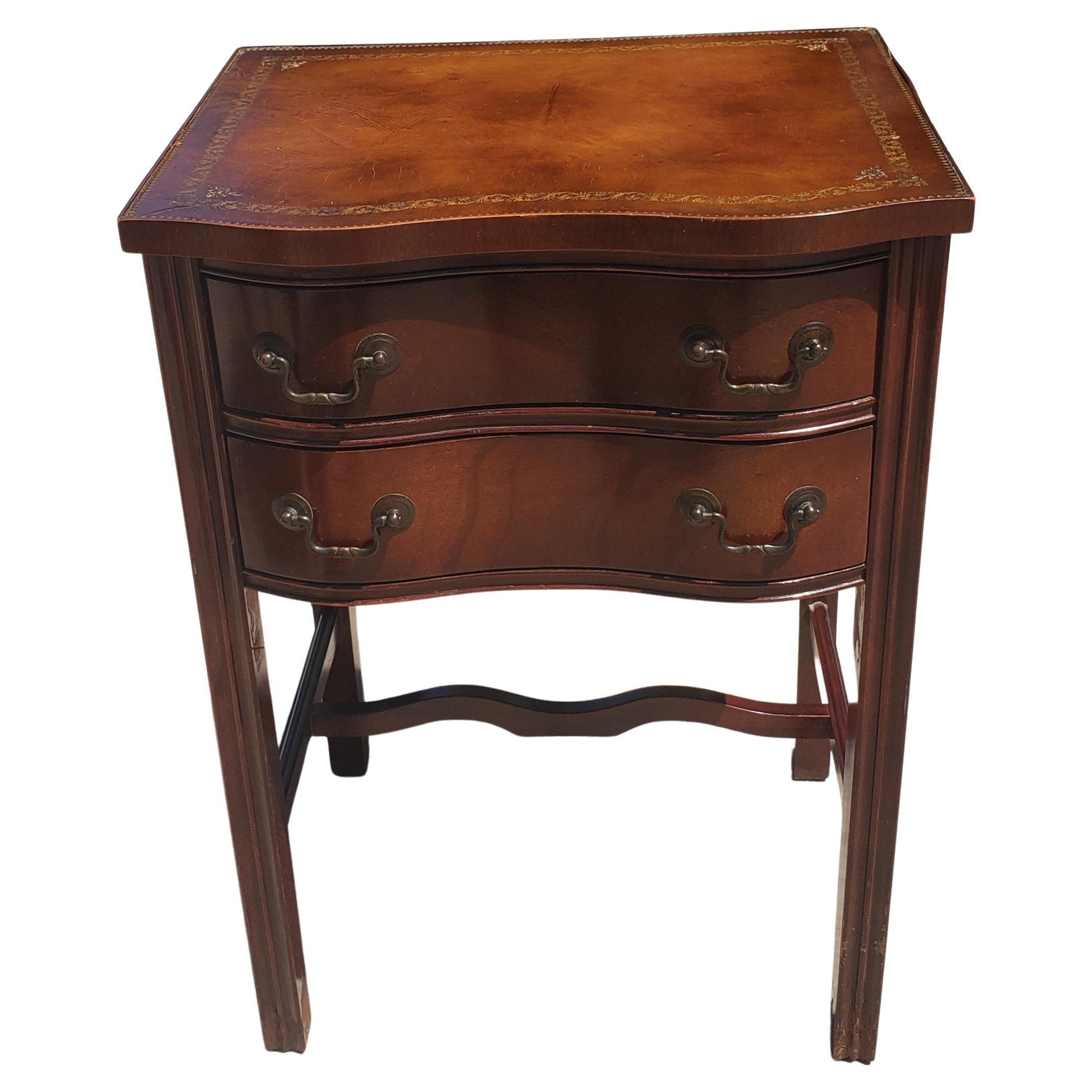 American Two-Drawer Mahogany Chippendale  Side Table with Stenciled Leather Top For Sale