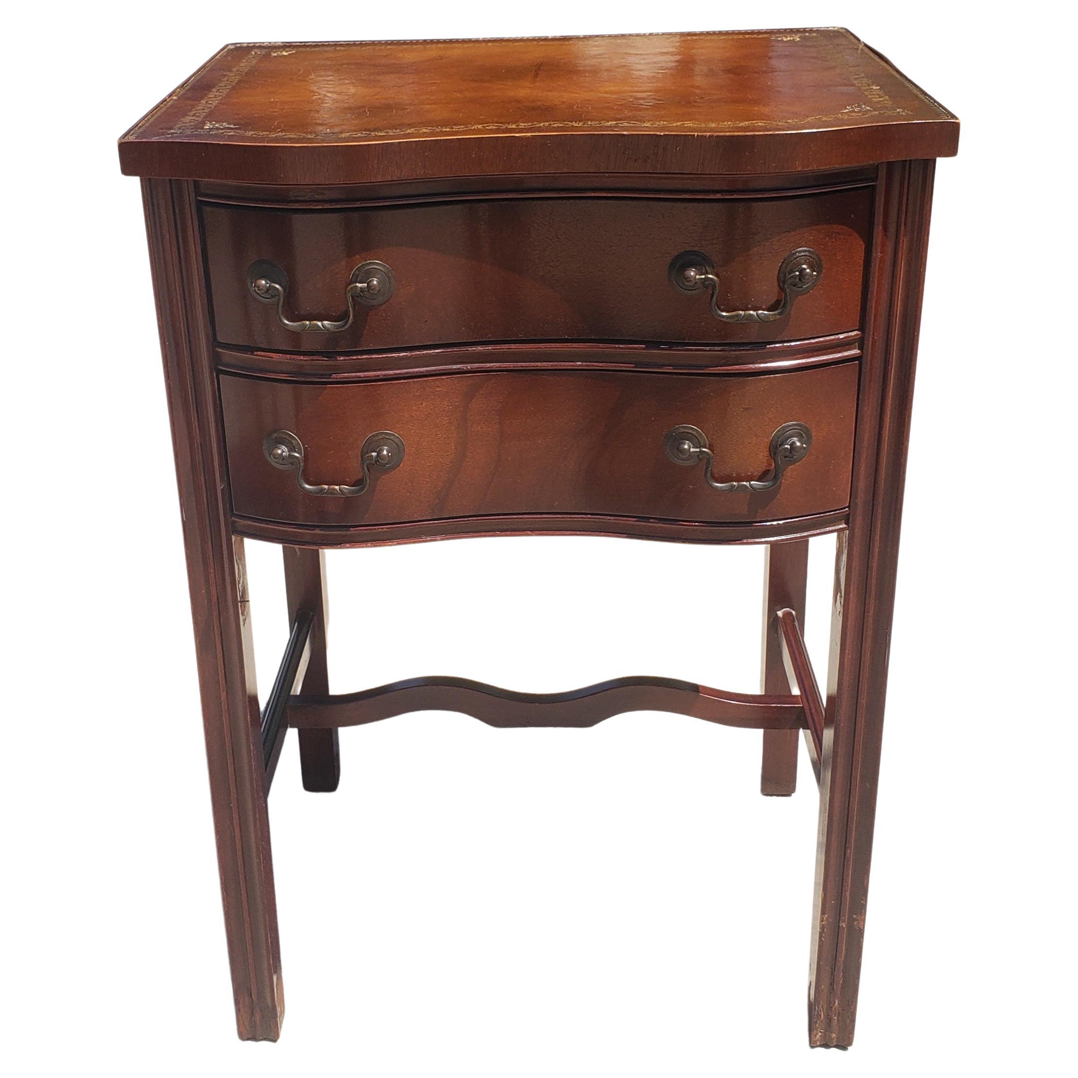 Woodwork Two-Drawer Mahogany Chippendale  Side Table with Stenciled Leather Top For Sale