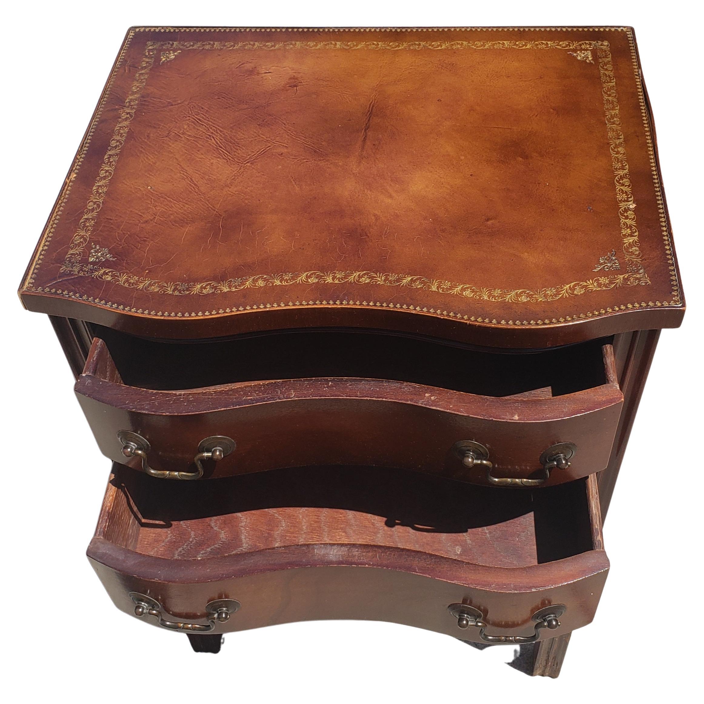 20th Century Two-Drawer Mahogany Chippendale  Side Table with Stenciled Leather Top For Sale
