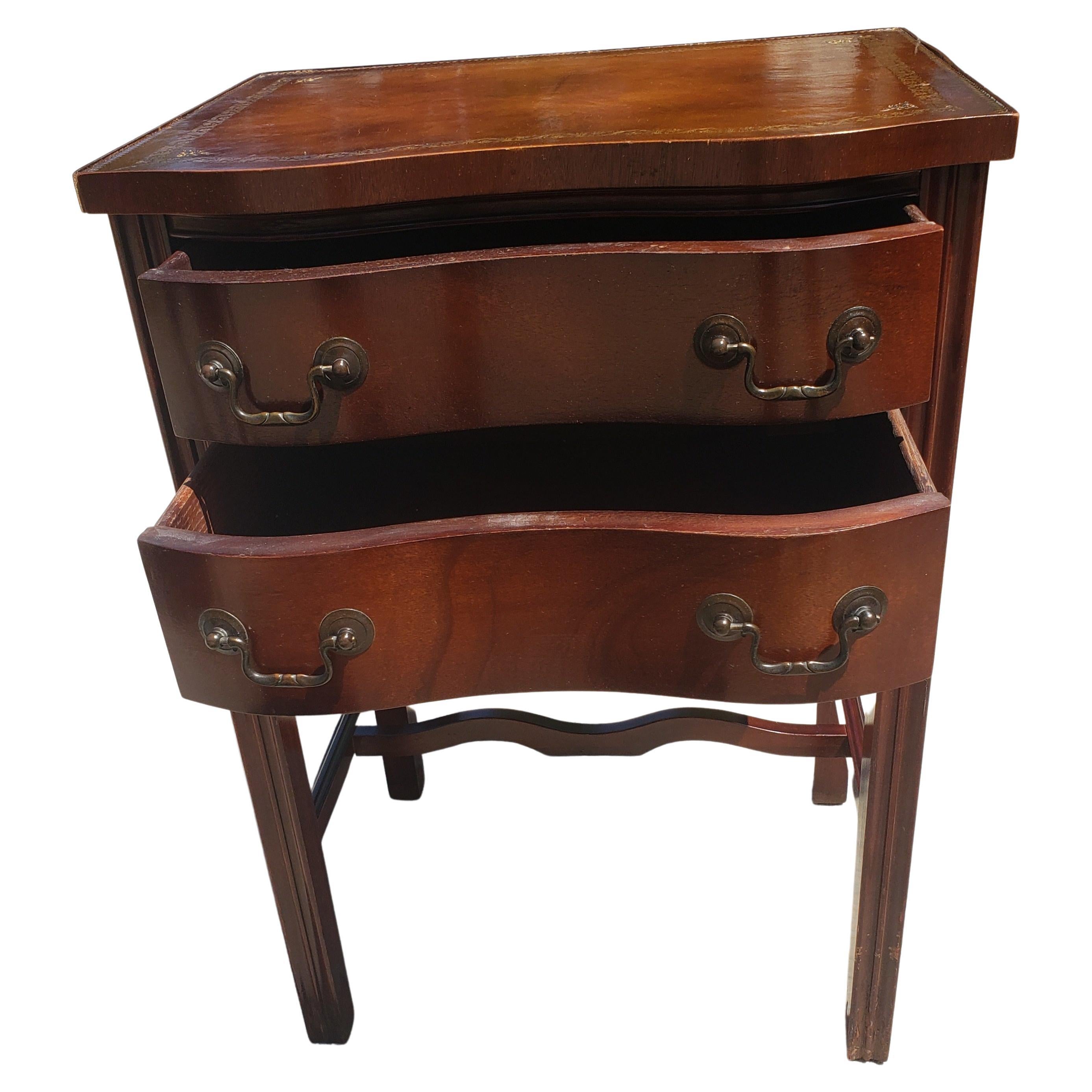 Brass Two-Drawer Mahogany Chippendale  Side Table with Stenciled Leather Top For Sale