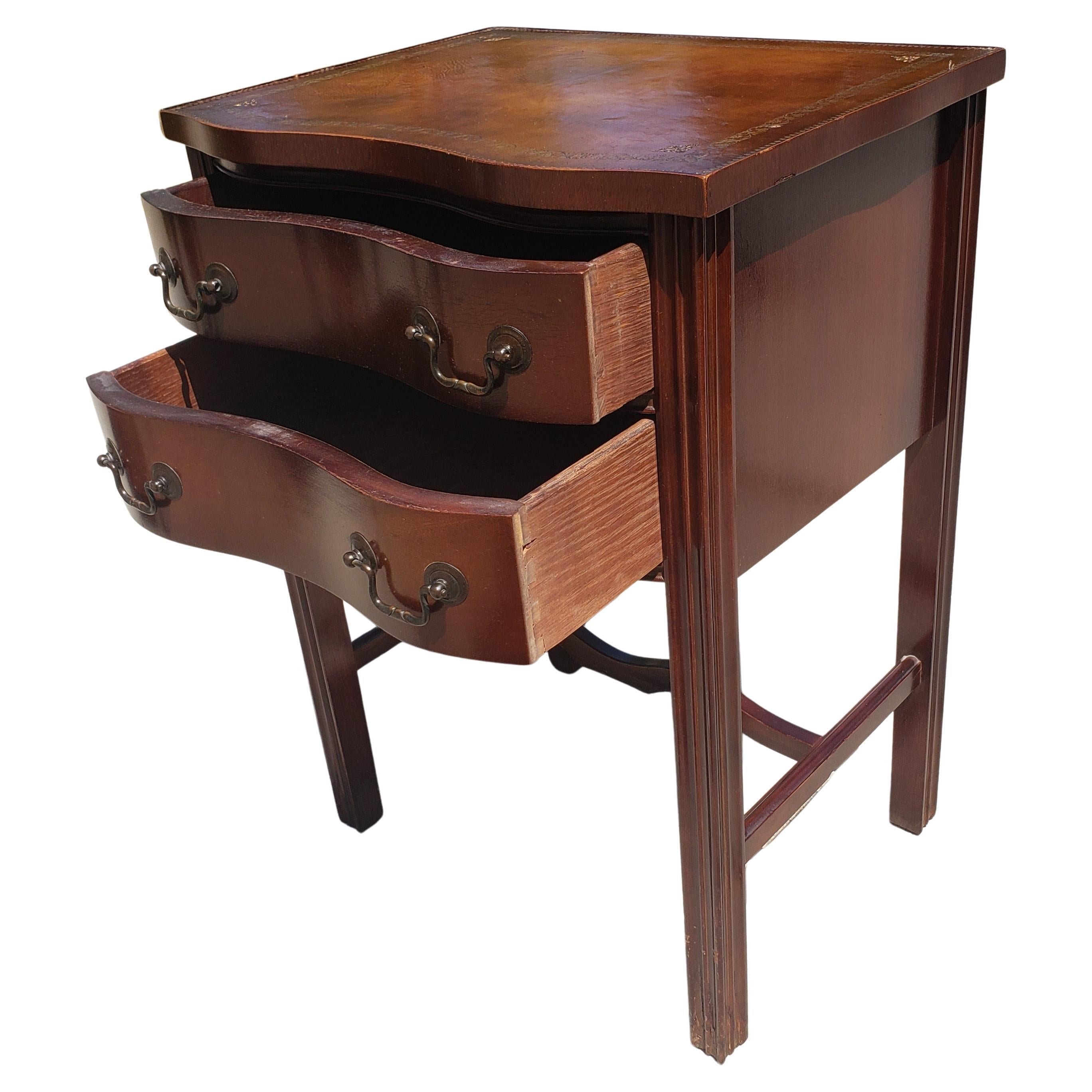 Two-Drawer Mahogany Chippendale  Side Table with Stenciled Leather Top For Sale 1