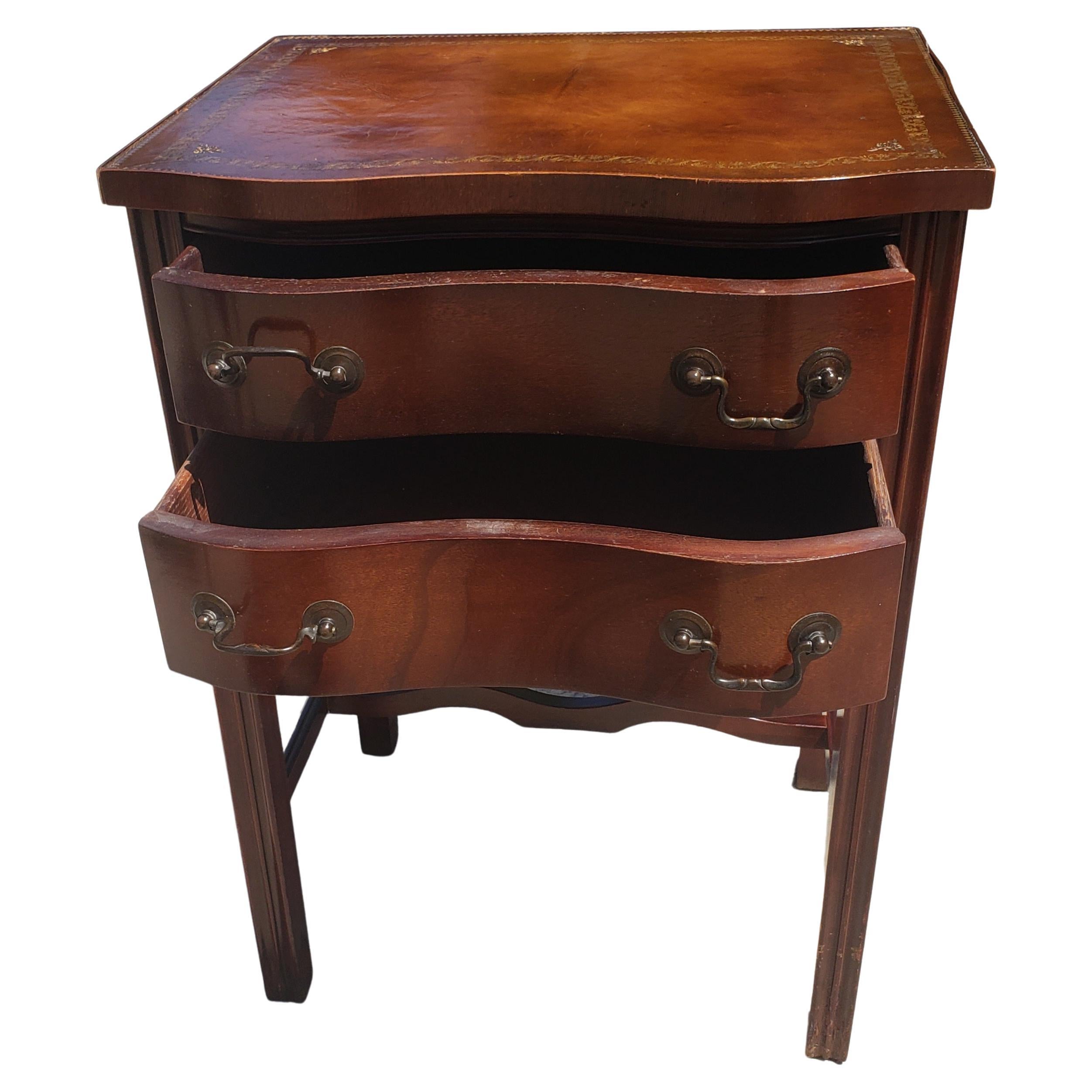 Two-Drawer Mahogany Chippendale  Side Table with Stenciled Leather Top For Sale 2