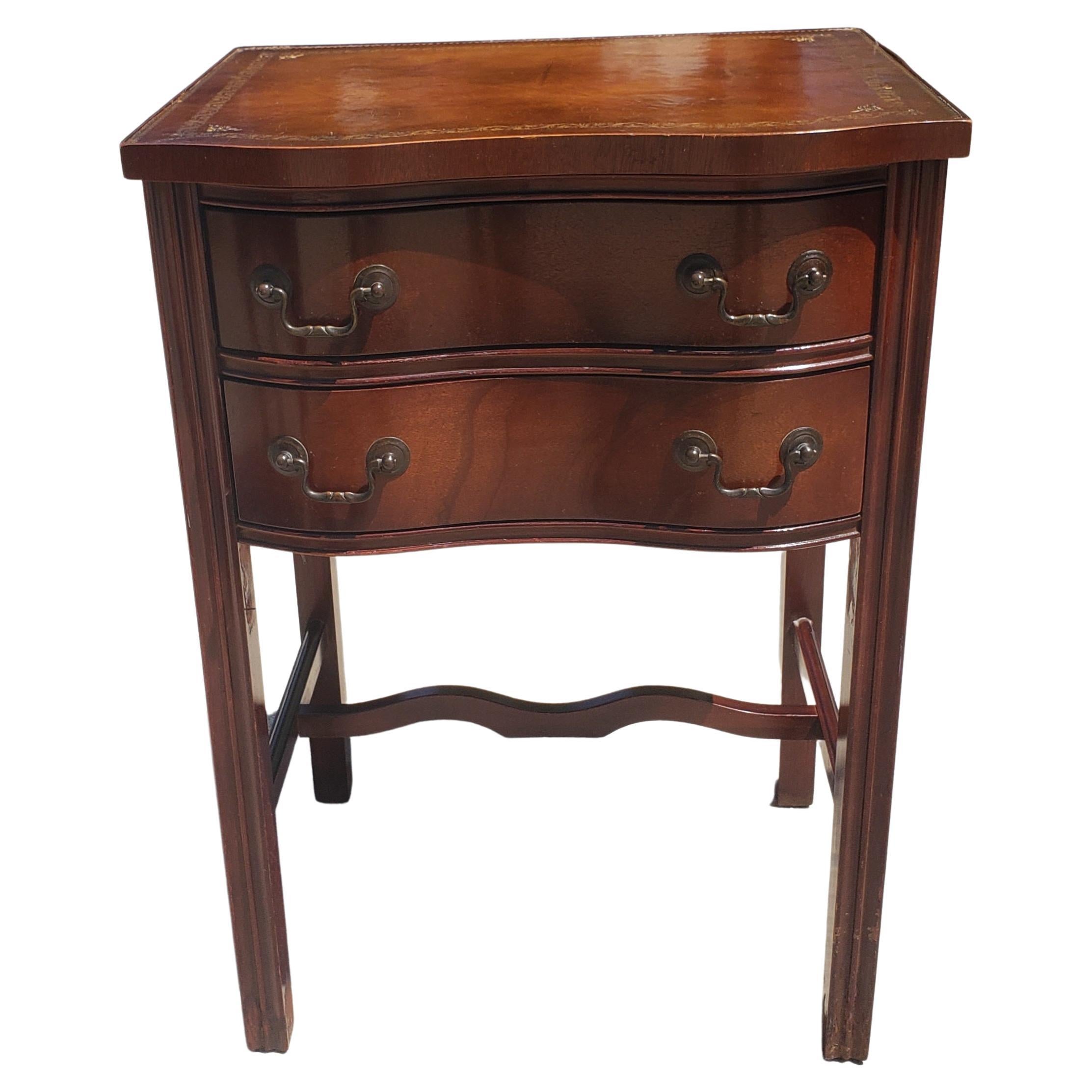 Two-Drawer Mahogany Chippendale  Side Table with Stenciled Leather Top