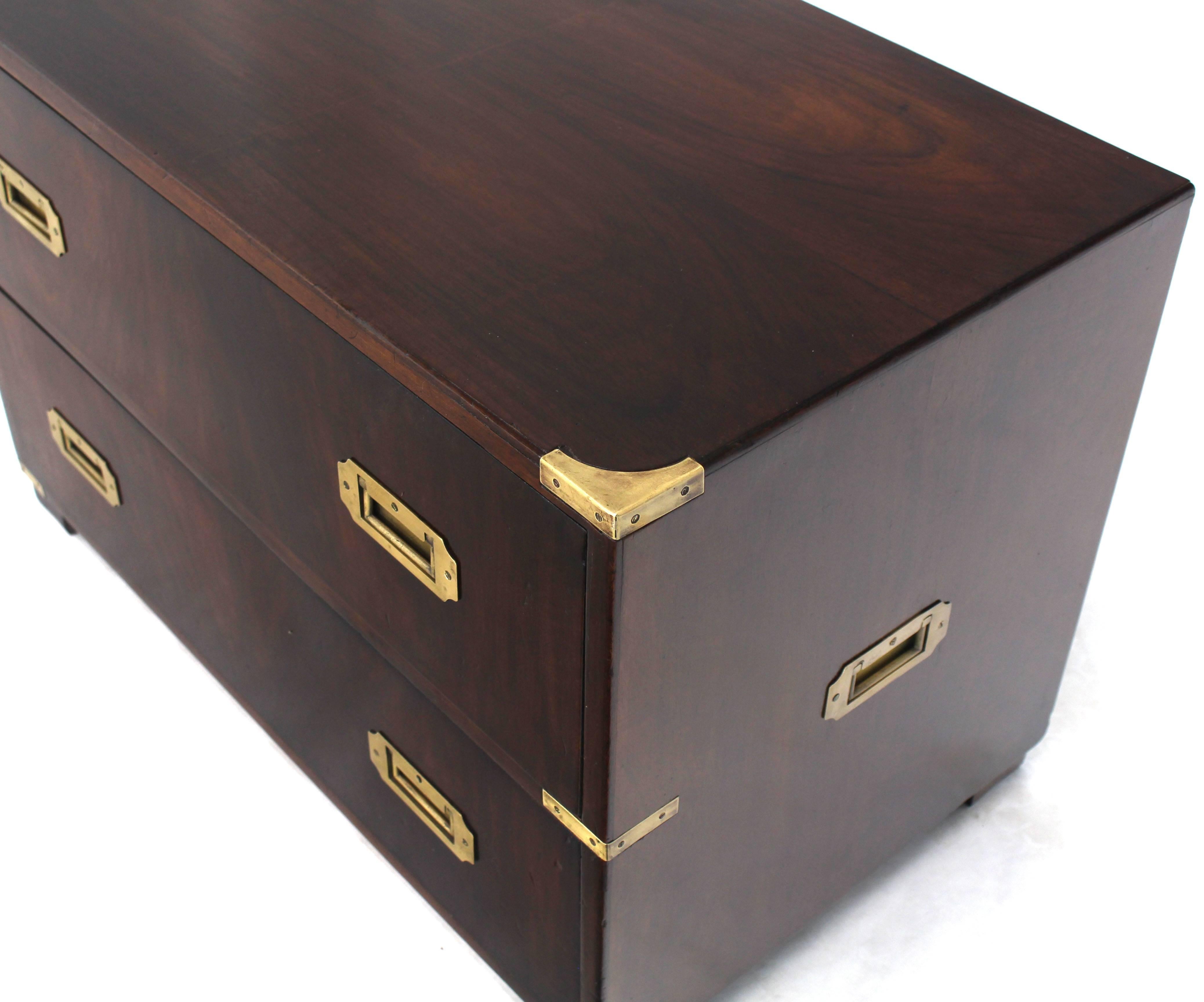 Lacquered Two-Drawer Mid-Century Modern Rosewood and Brass Campaign Style Chest Stand