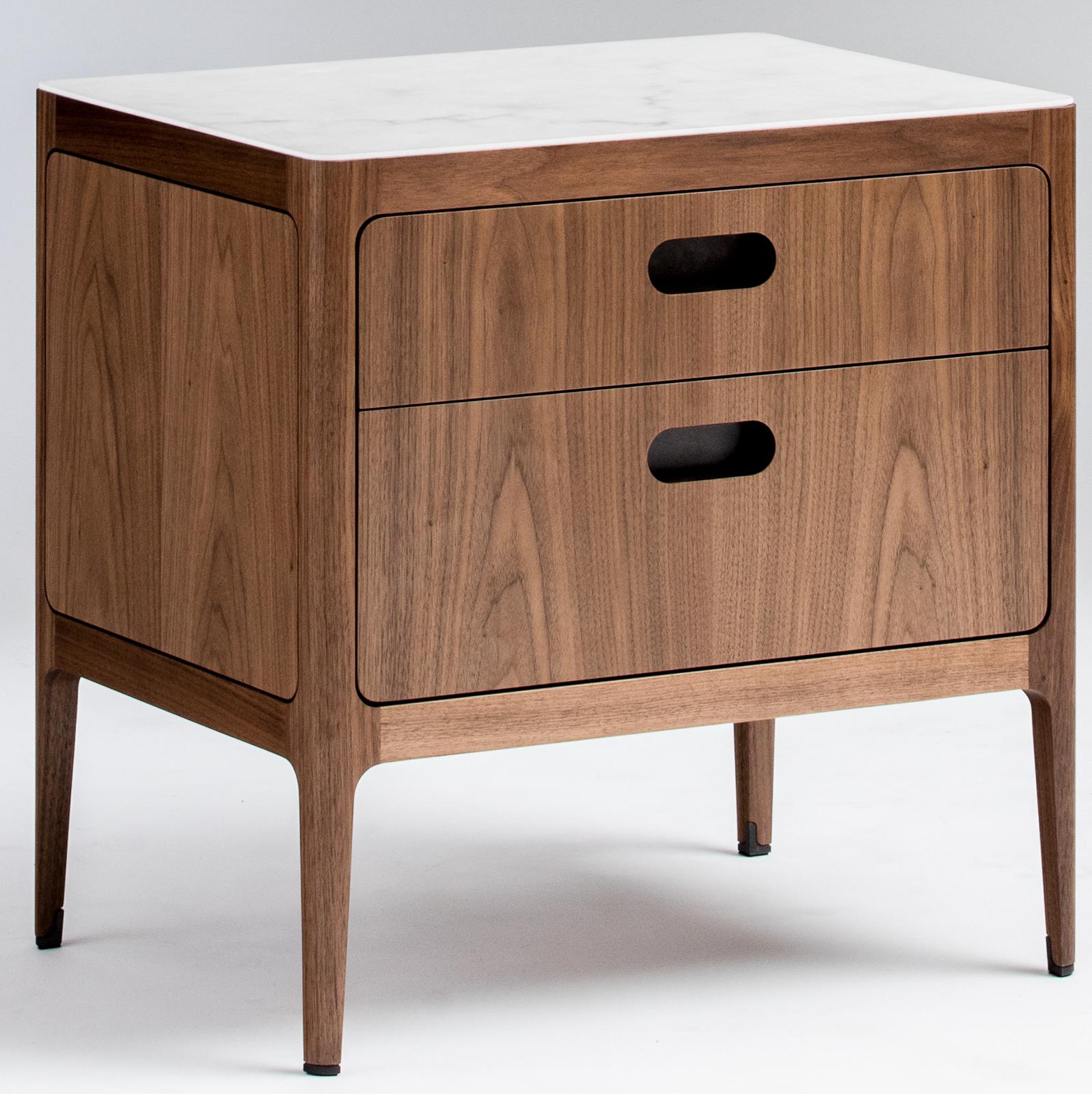 This walnut side table or nightstand designed and fabricated by Munson Furniture draws inspiration from midcentury designs and fits beautifully with both traditional and contemporary interiors. Using our Radius design tools, we started with our