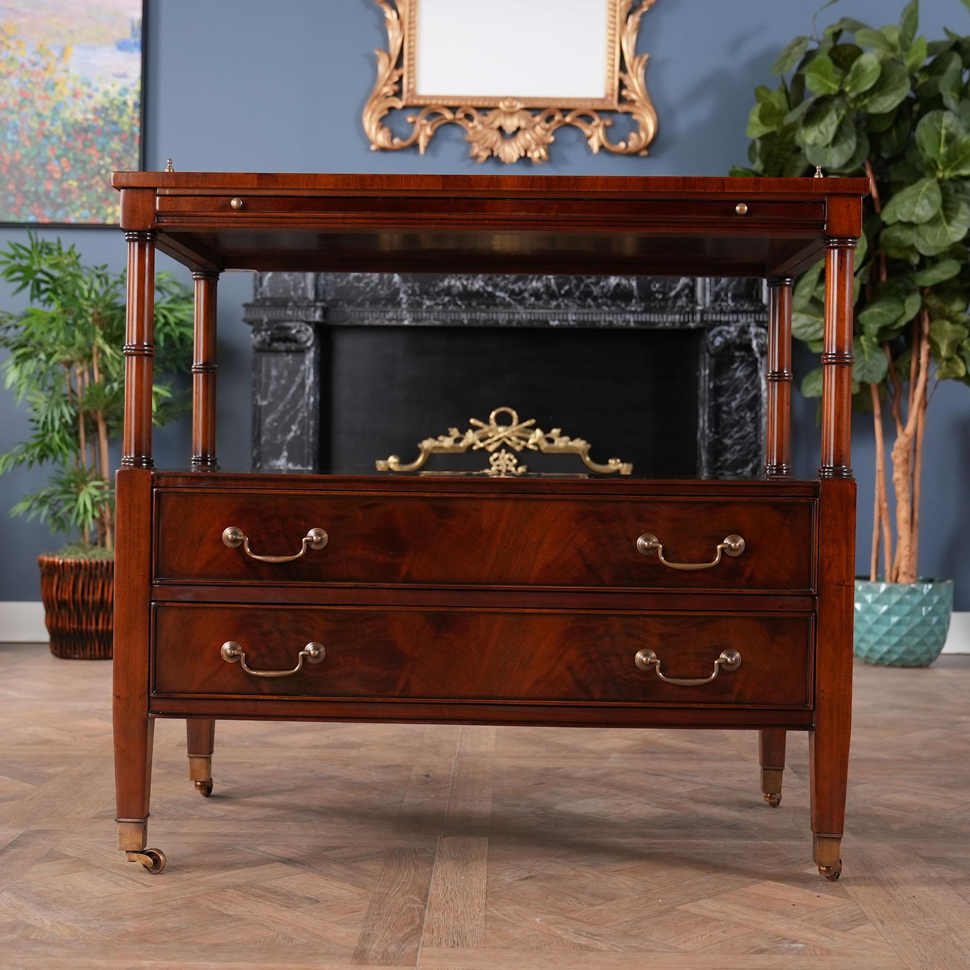 A most useful Two Drawer Server with Pullout Tray by Niagara Furniture. Great for use in the dining room this server has a lot of great features including solid brass wheels, two large drawers for storage, a display shelf over top the drawers and a