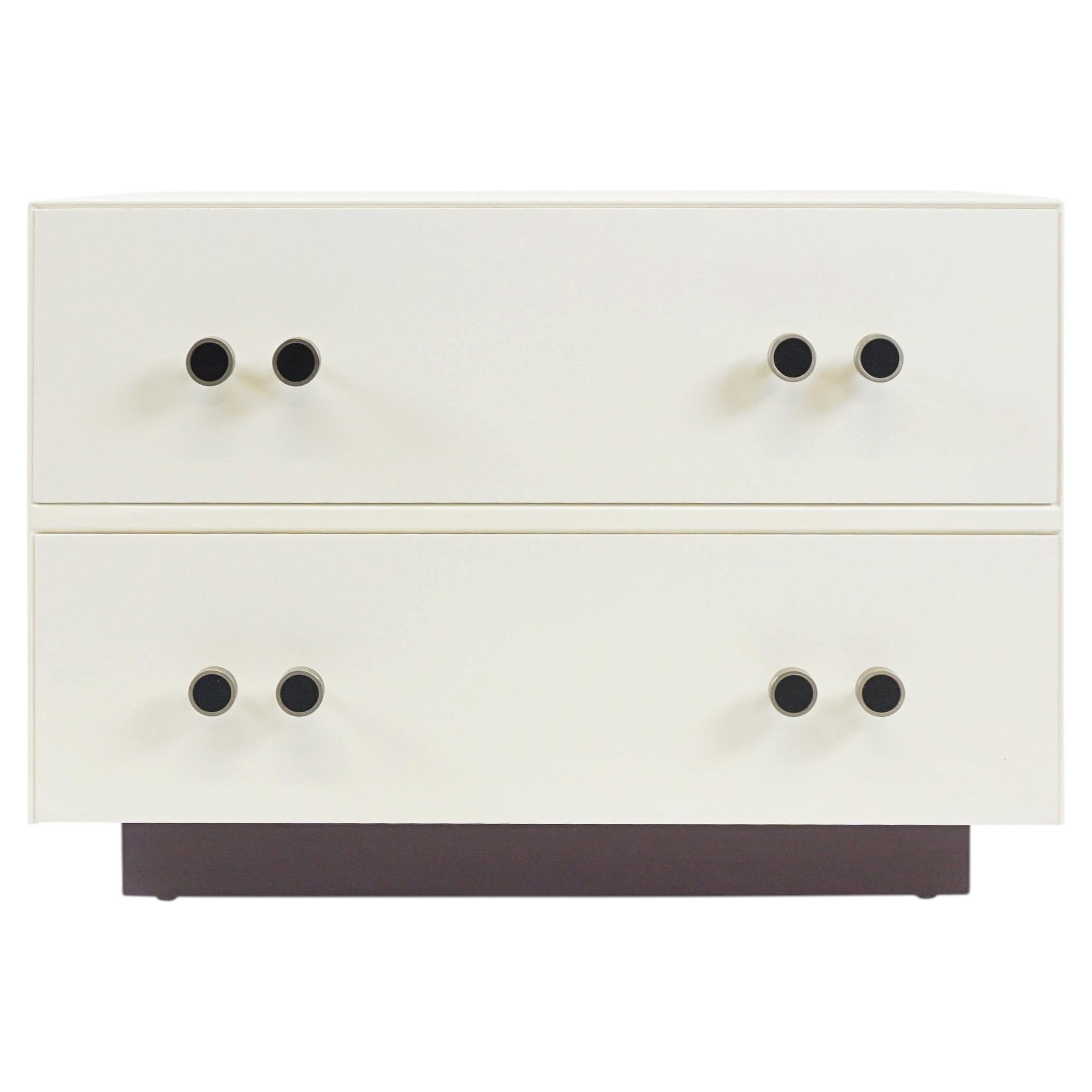 Two-Drawer White Lacquer Nightstand with Paired Cylinder Pulls For Sale