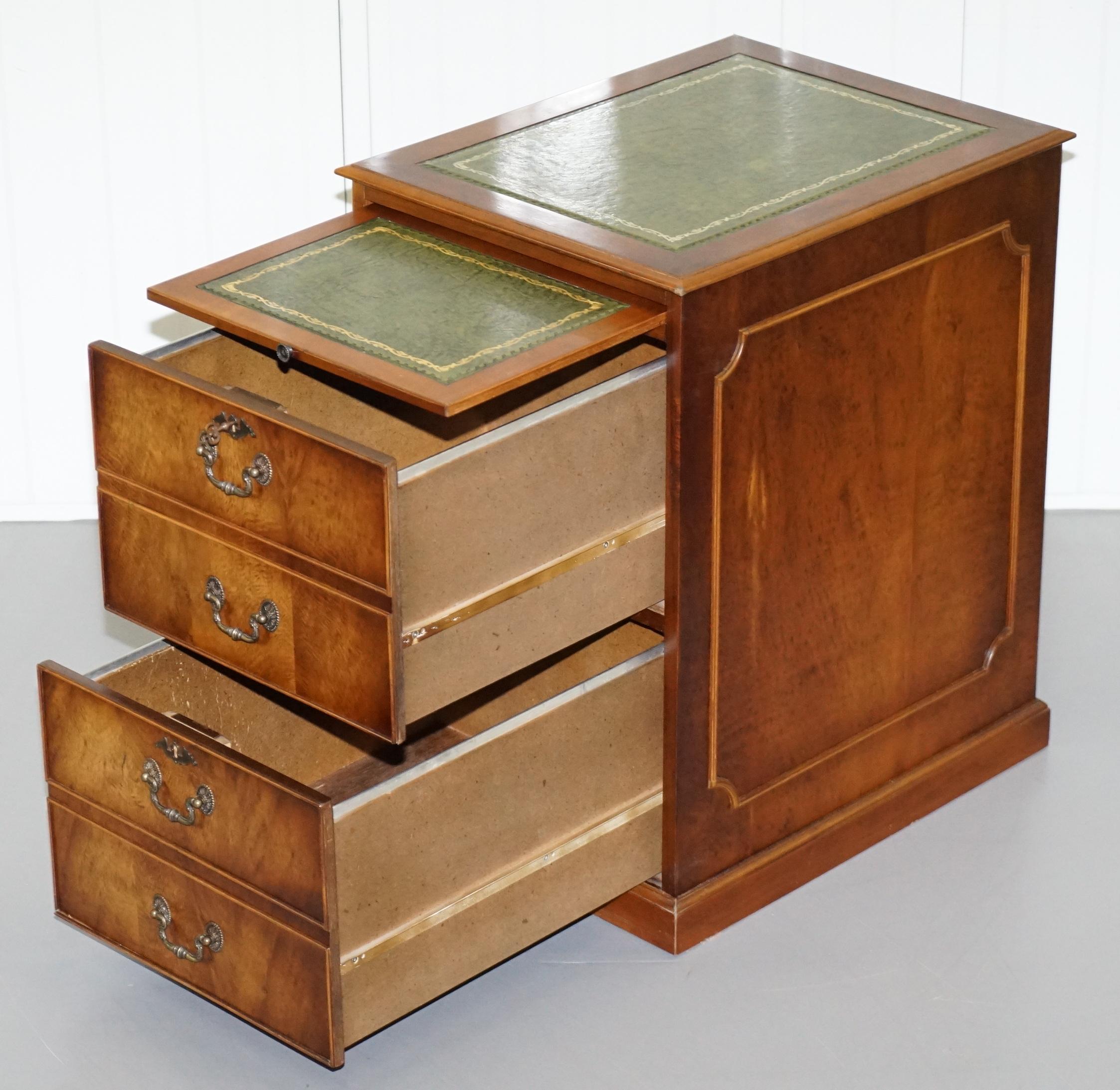 Two-Drawer with Butlers Serve Tray Burr Walnut Filing Cabinet Green Leather Desk 3
