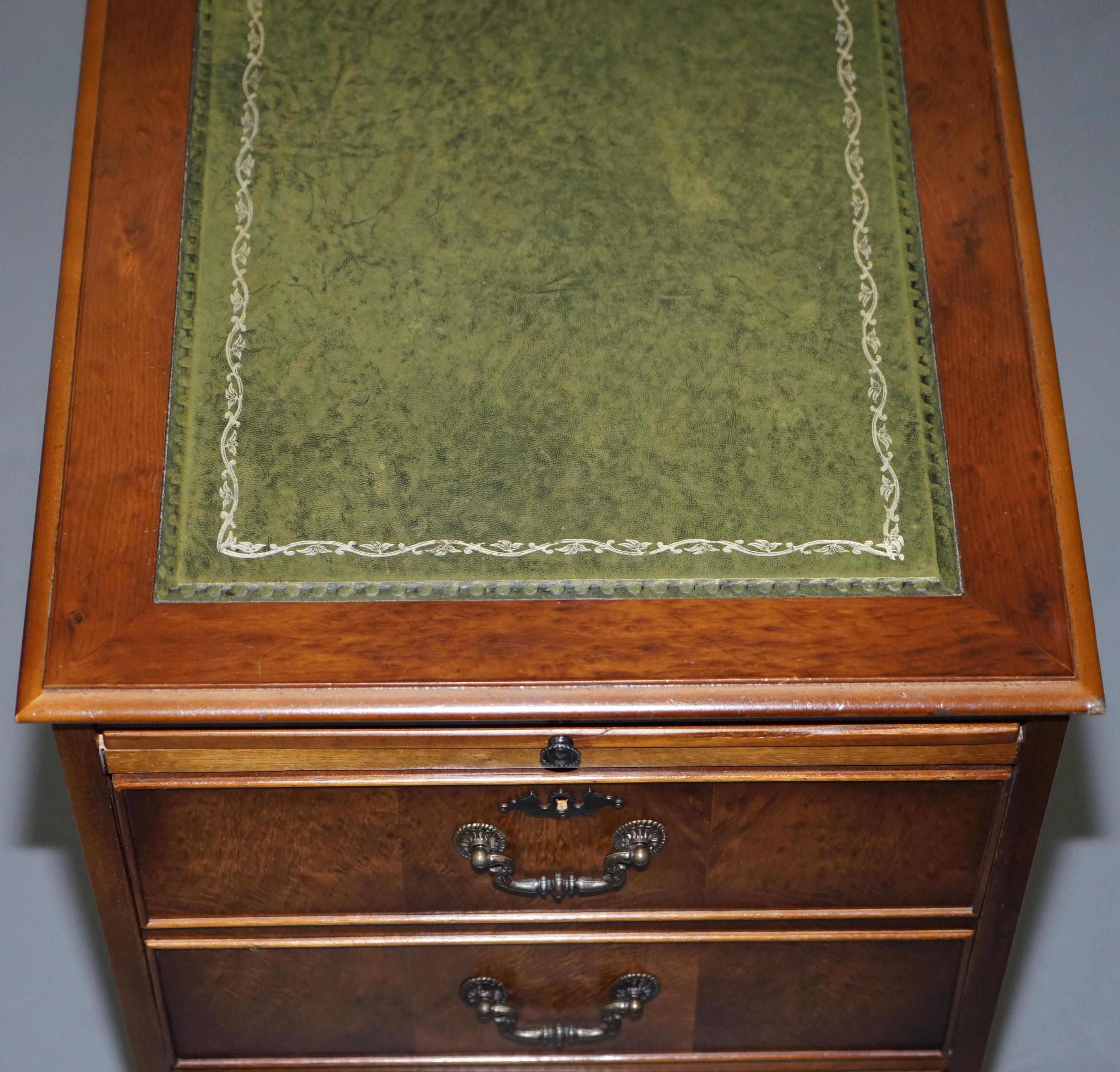 English Two-Drawer with Butlers Serve Tray Burr Walnut Filing Cabinet Green Leather Desk