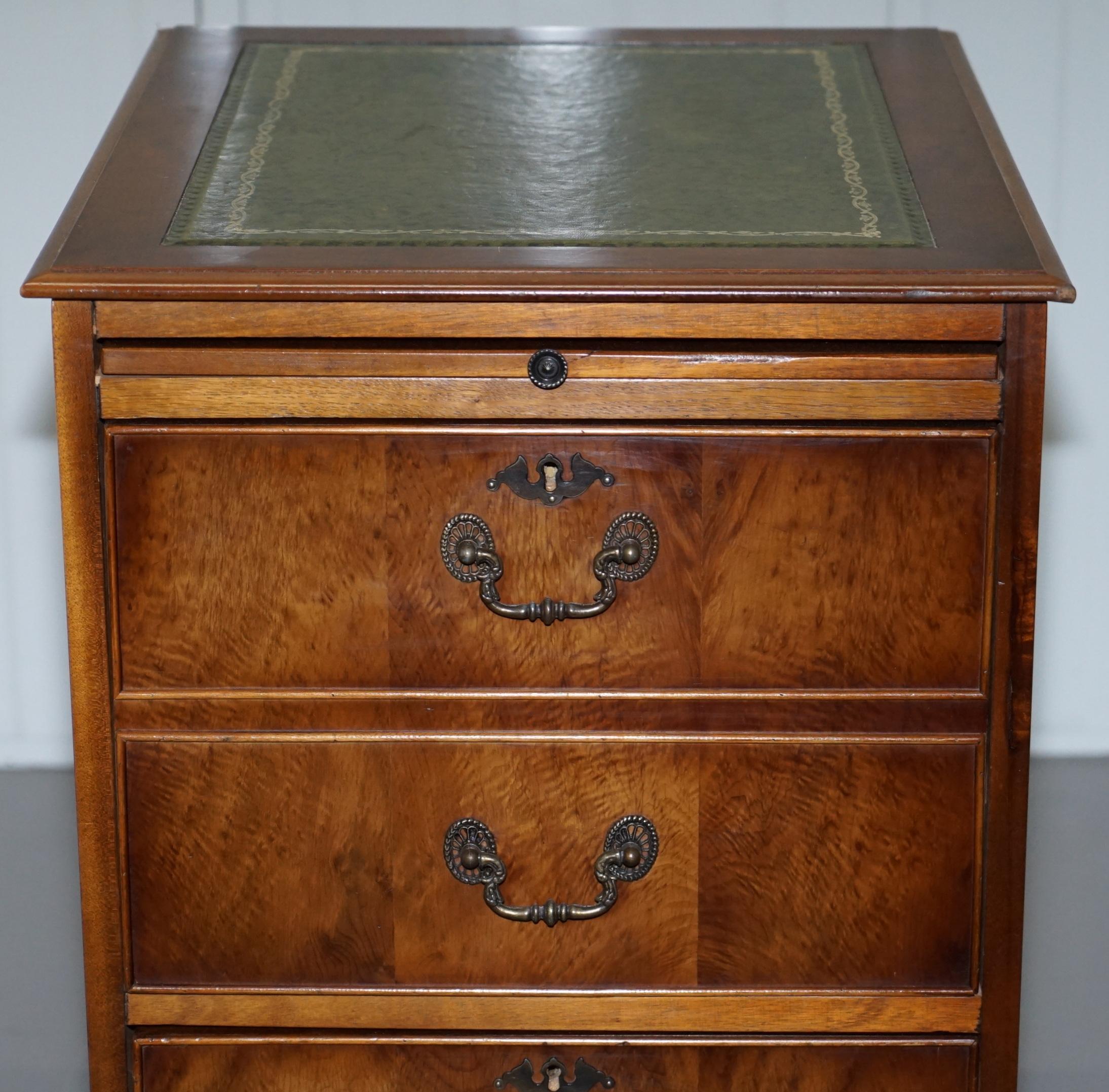 Hand-Crafted Two-Drawer with Butlers Serve Tray Burr Walnut Filing Cabinet Green Leather Desk