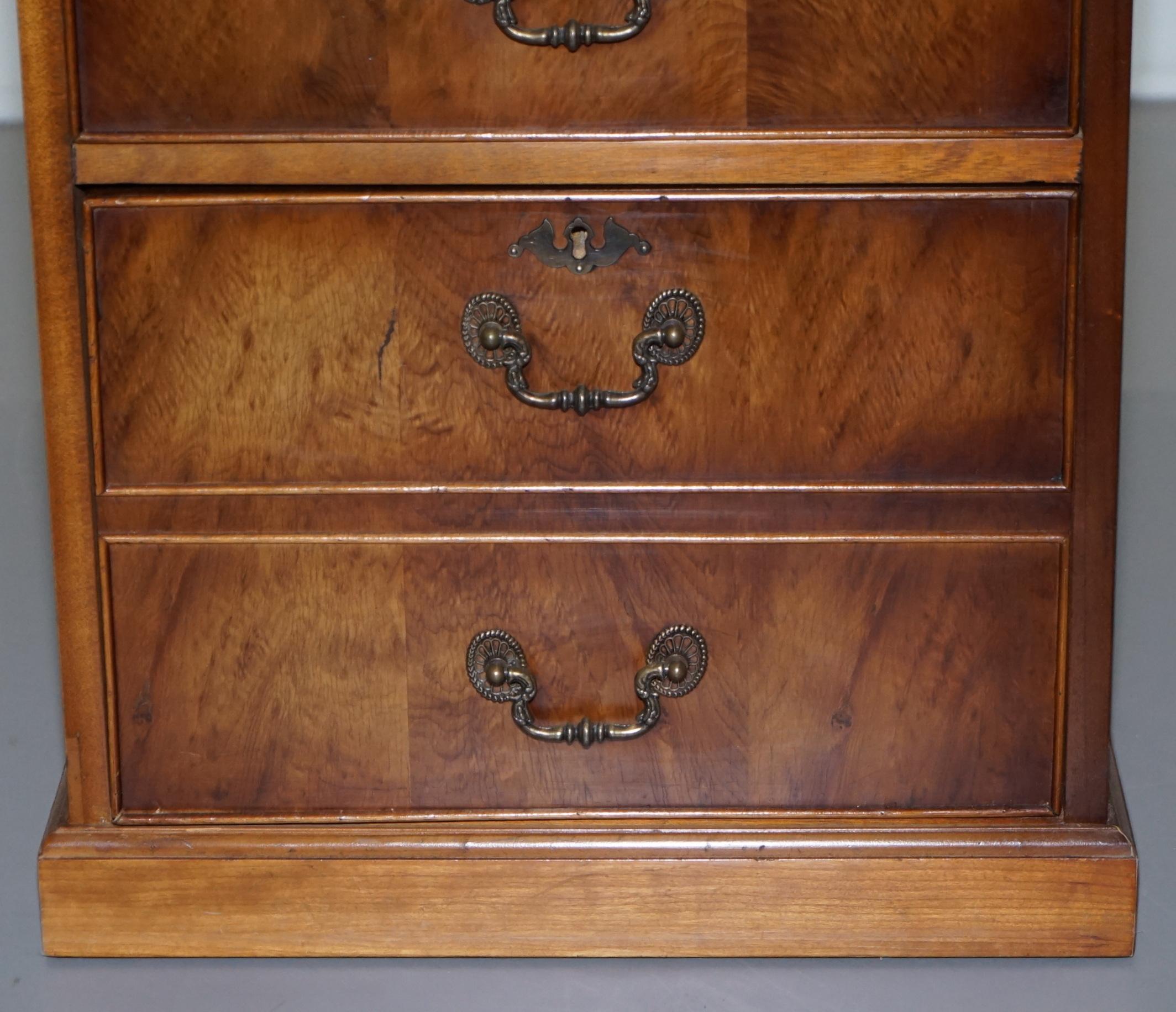 20th Century Two-Drawer with Butlers Serve Tray Burr Walnut Filing Cabinet Green Leather Desk