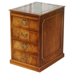 Two-Drawer with Butlers Serve Tray Burr Walnut Filing Cabinet Green Leather Desk