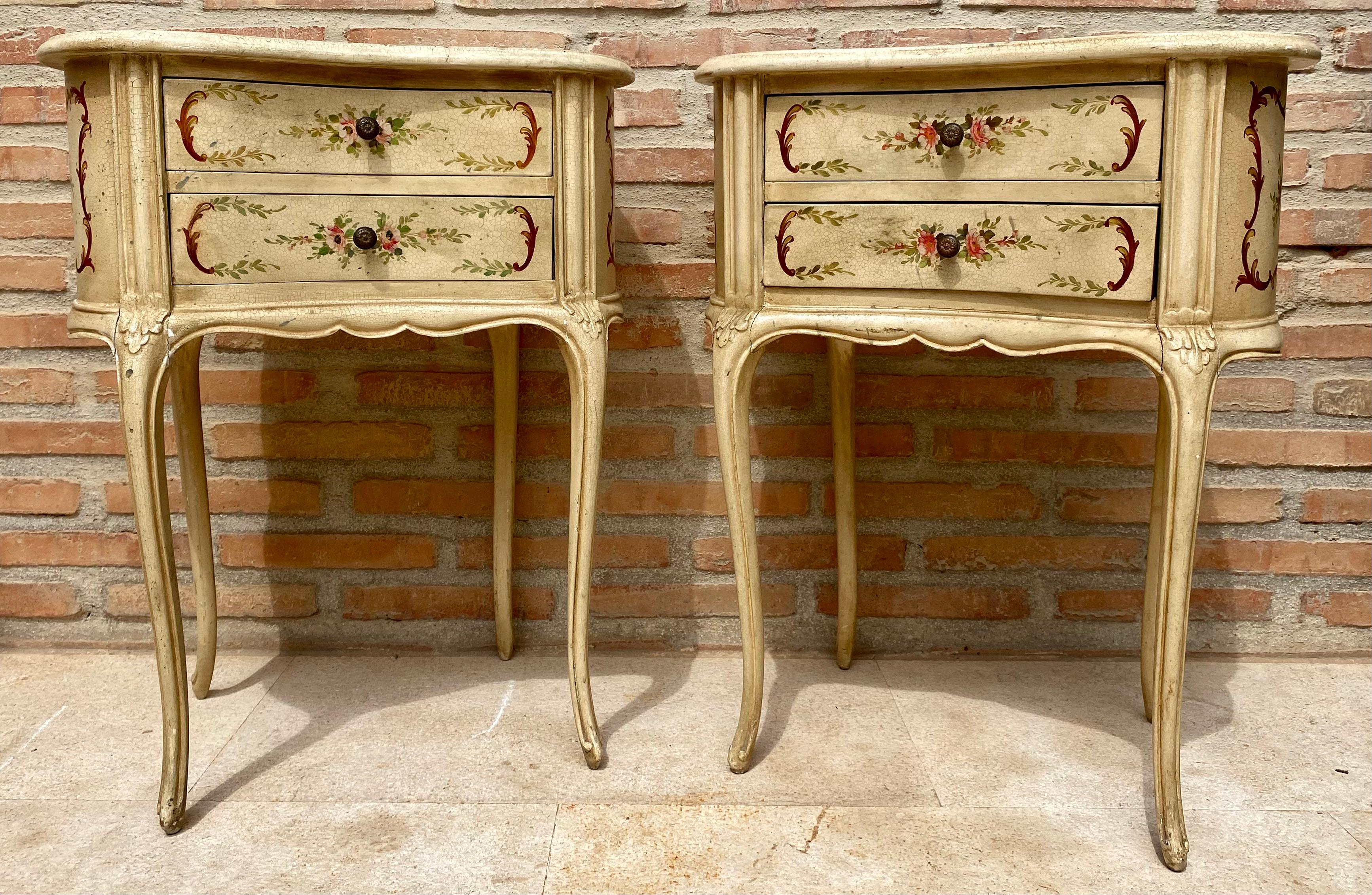 French Provincial Two Drawers Painted in Light Beige Wood Kidney Nightstands, 1940s, Set of 2 For Sale