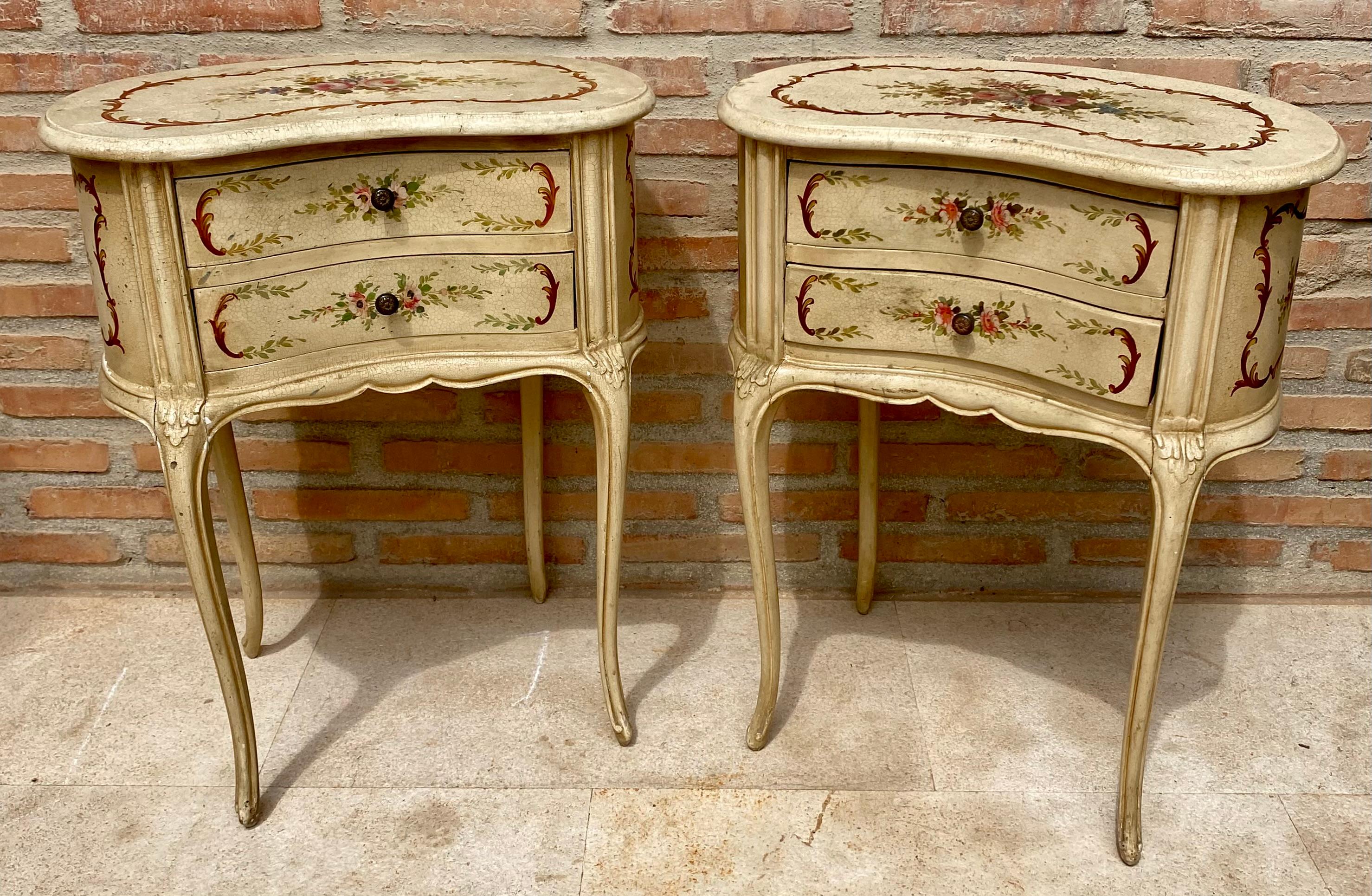 French Two Drawers Painted in Light Beige Wood Kidney Nightstands, 1940s, Set of 2 For Sale