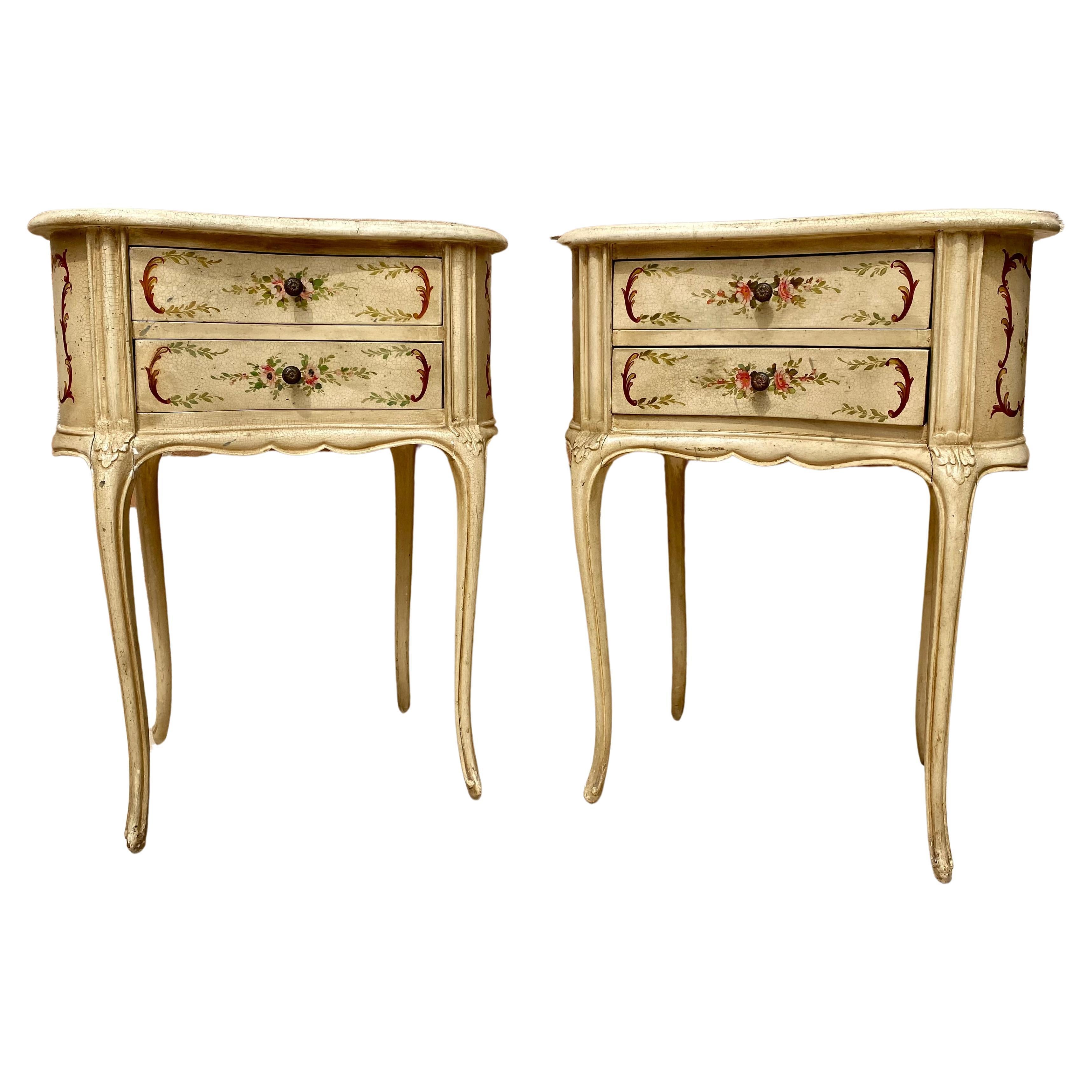 Two Drawers Painted in Light Beige Wood Kidney Nightstands, 1940s, Set of 2 For Sale