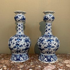 Two Dutch Delft Baluster Vases with Floral Decor of Roses and Leaves