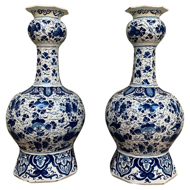 Two Dutch Delft Baluster Vases with Floral Decor of Roses and Leaves For Sale