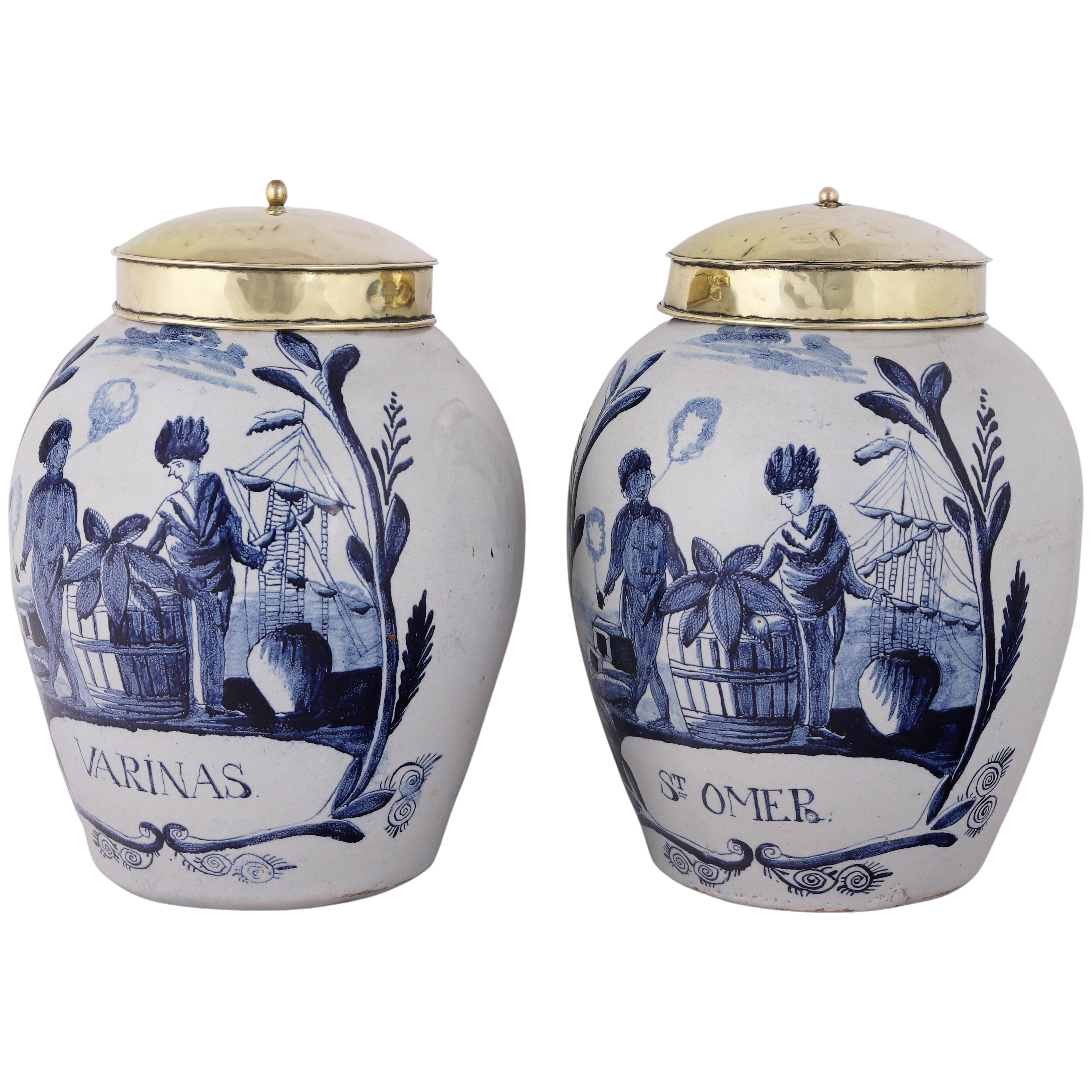 Rococo Two Dutch Delft Tobacco Jars with Original Lids: Varinas St. Omer, 18th Century For Sale